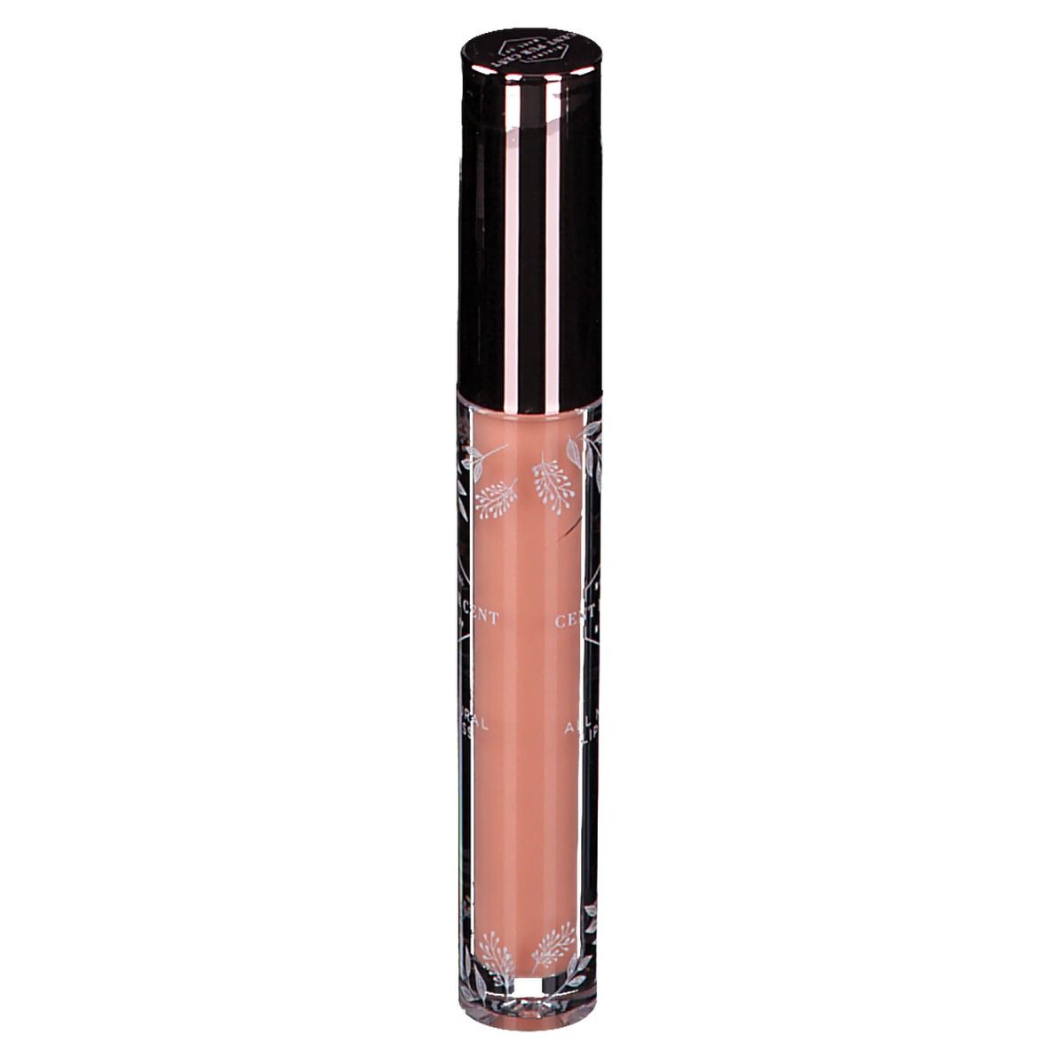 Tube de gloss avec contenu rose. Bouchon noir et lettrage. Inscription : Cent Pur Cent.