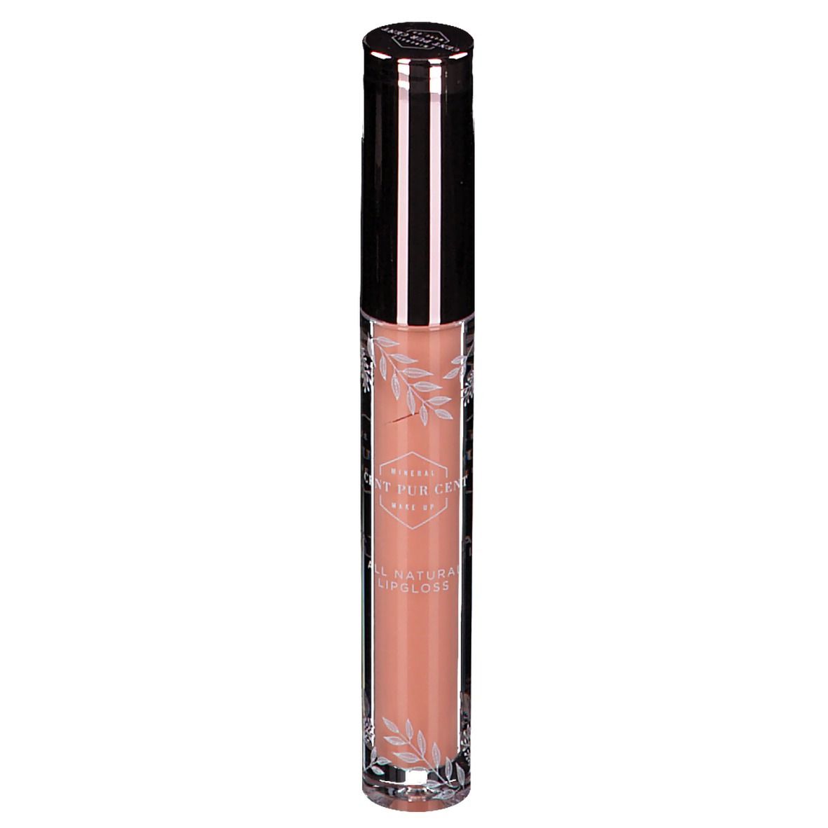 Tube de gloss avec contenu rose. Bouchon noir et lettrage. Inscription : Cent Pur Cent.
