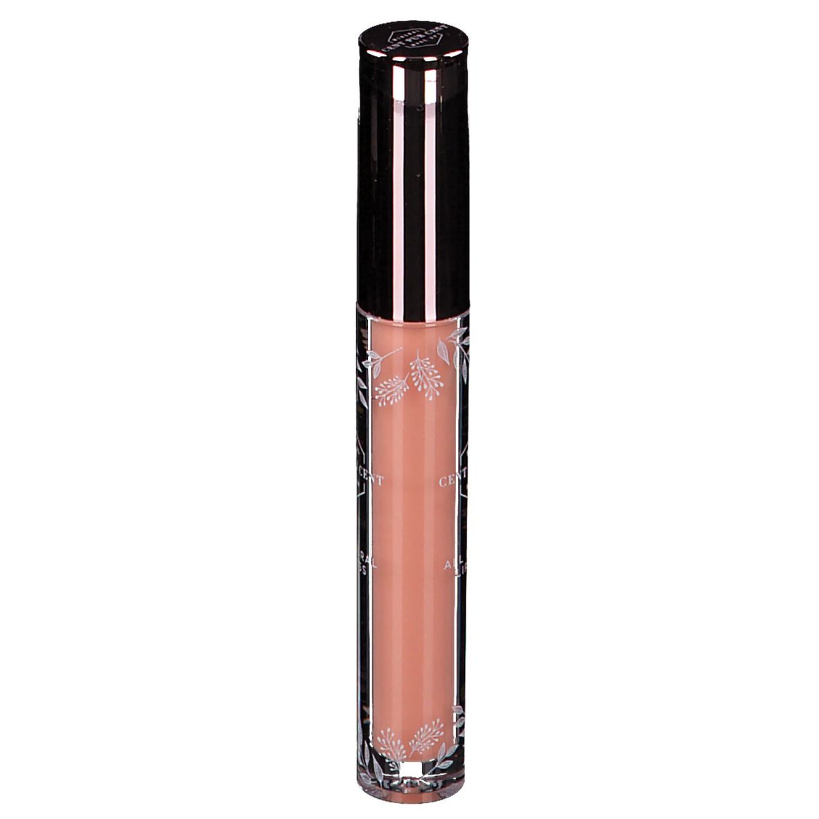 Tube de gloss avec contenu rose. Bouchon noir et lettrage. Inscription : Cent Pur Cent.