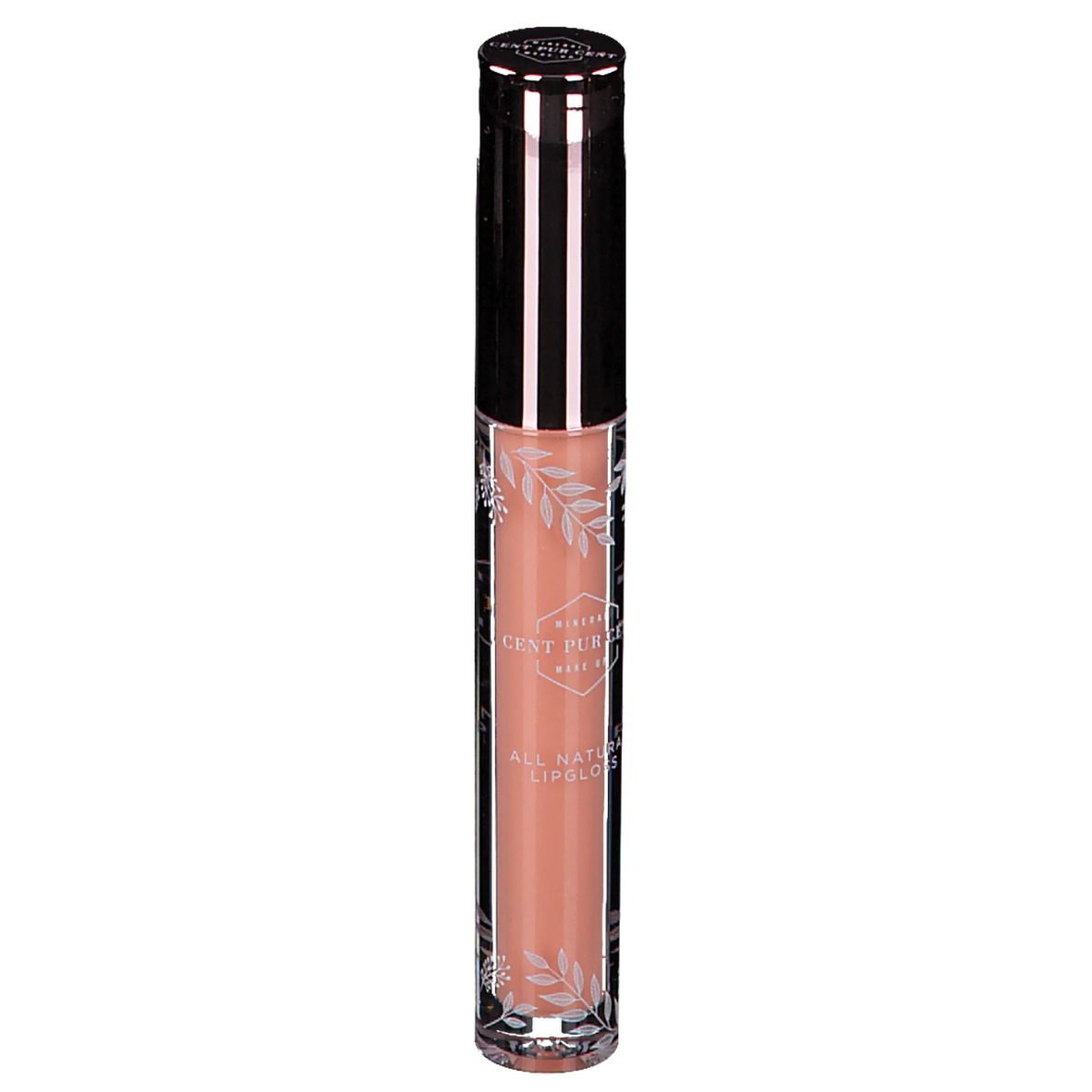 Tube de gloss avec contenu rose. Bouchon noir et lettrage. Inscription : Cent Pur Cent.