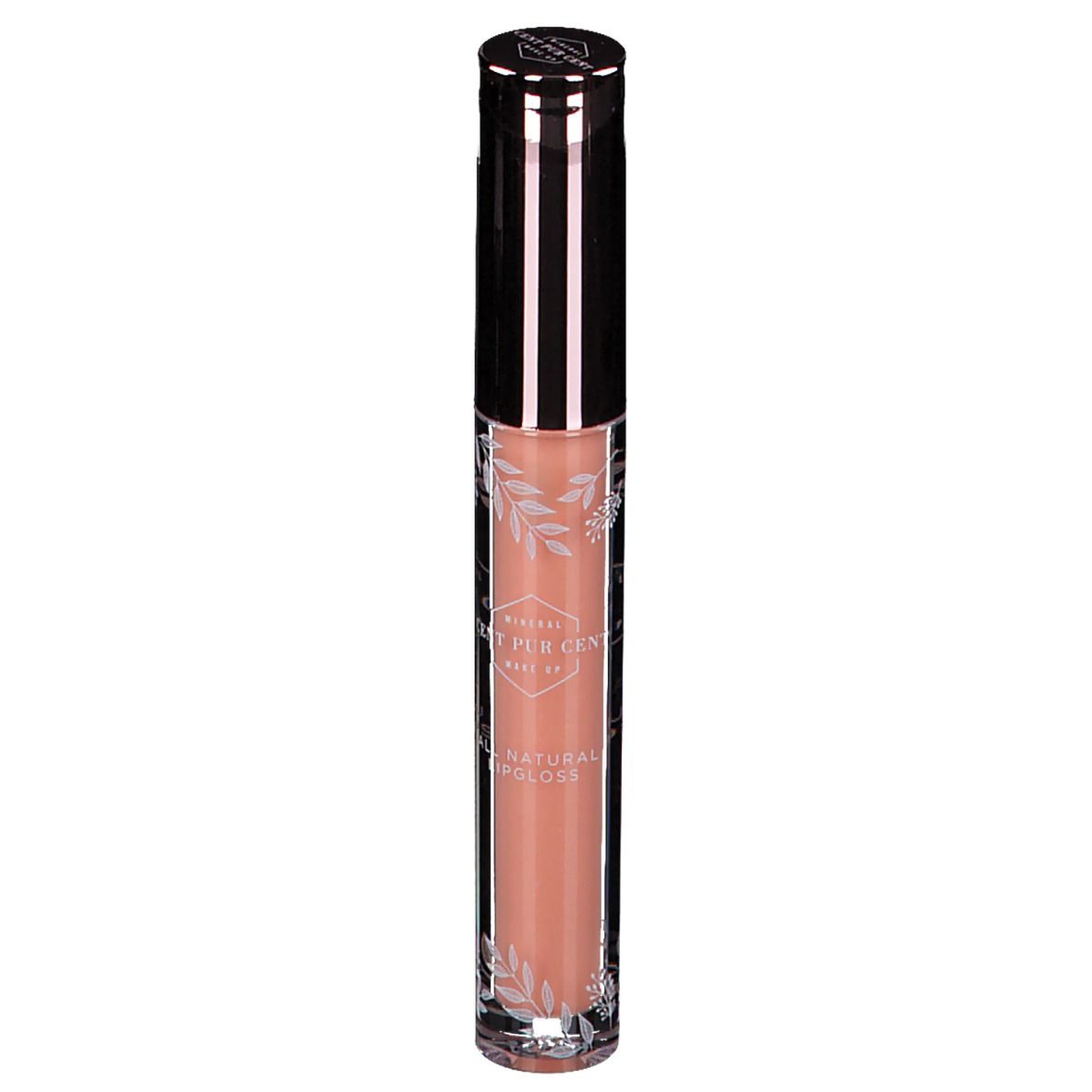 Tube de gloss avec contenu rose. Bouchon noir et lettrage. Inscription : Cent Pur Cent.