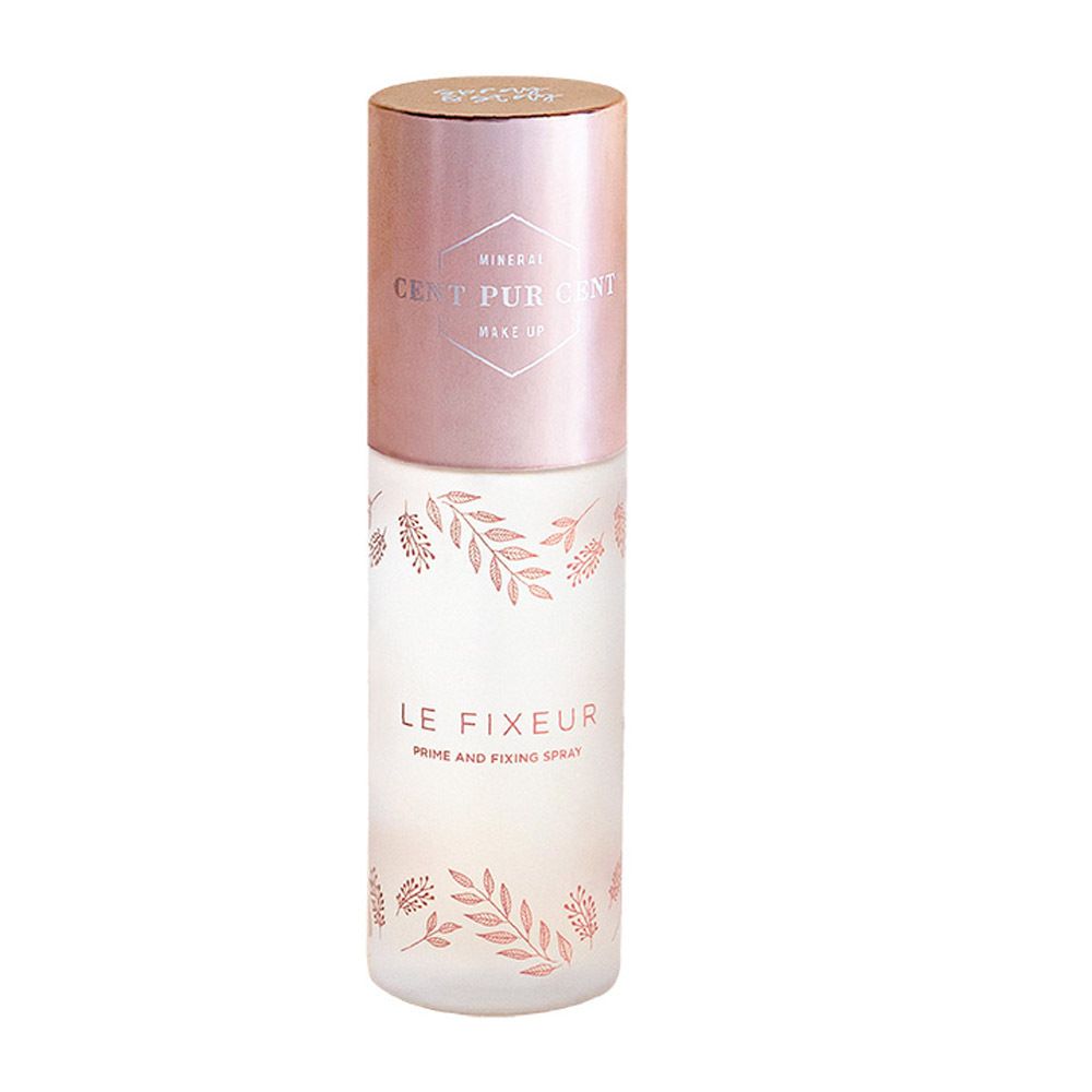 Flacon vaporisateur. Inscription: CENT PUR CENT, LE FIXEUR, Prime and Fixing Spray. Bouchon rose.