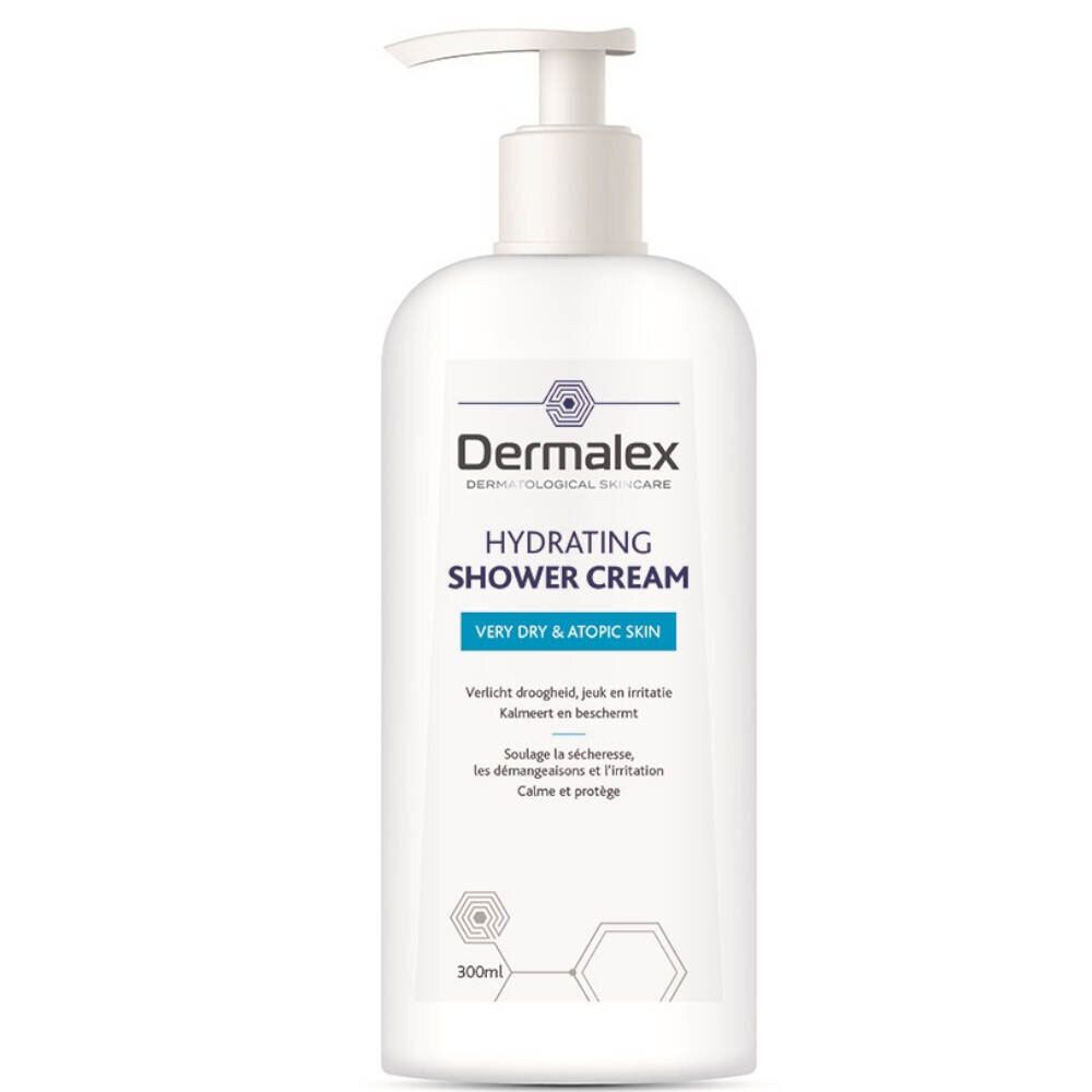 Witte fles met pomp. Opschrift: Dermalex, Hydrating Shower Cream. Voor zeer droge huid. 300ml.