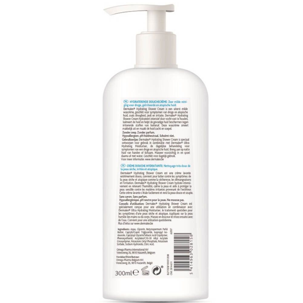 Achterkant van een witte fles met pomp. Meertalige tekst. 300ml.