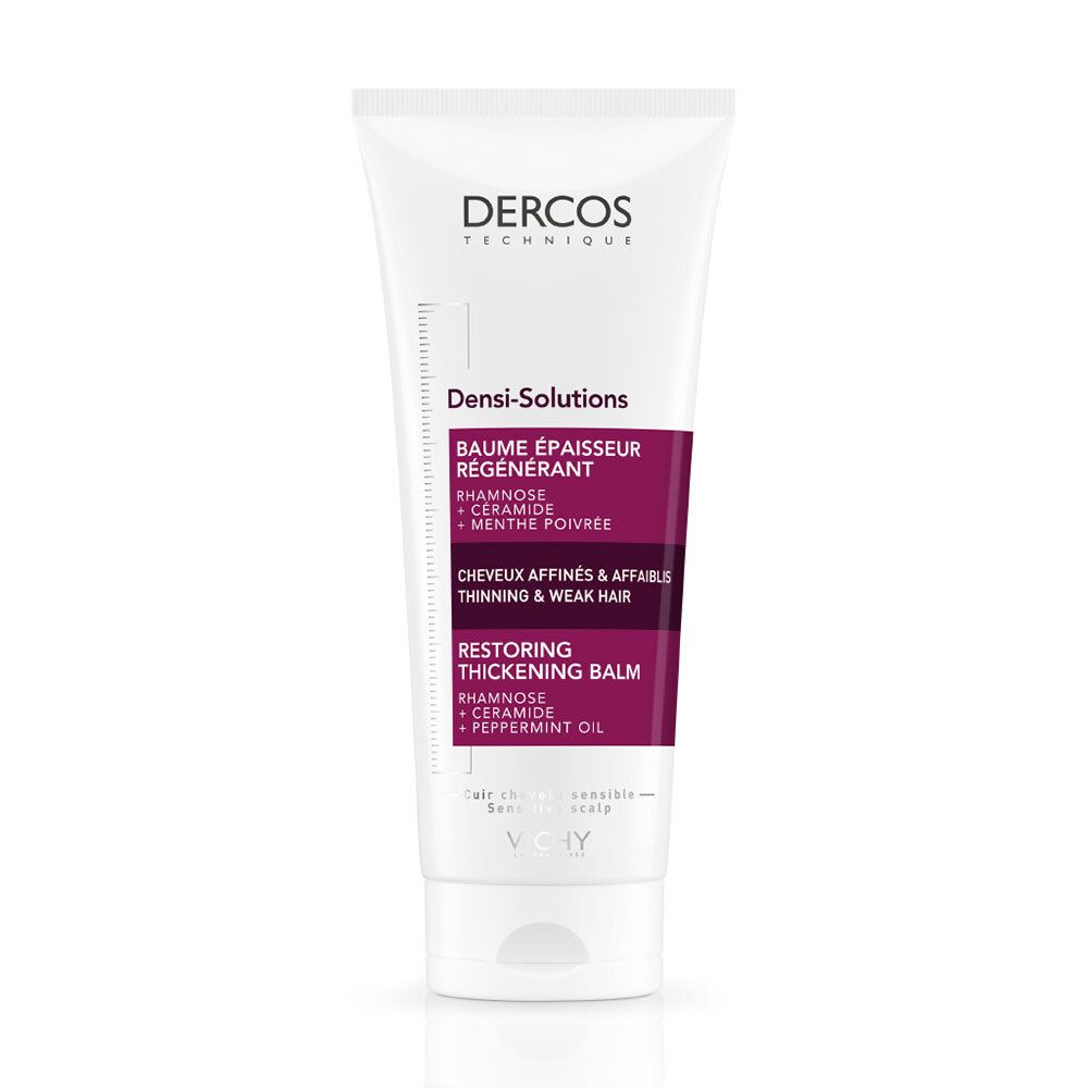 Tube blanc avec bande violette. Inscriptions: Dercos, Densi-Solutions, Baume Épaisseur Régénérant. Texte en français et anglais.