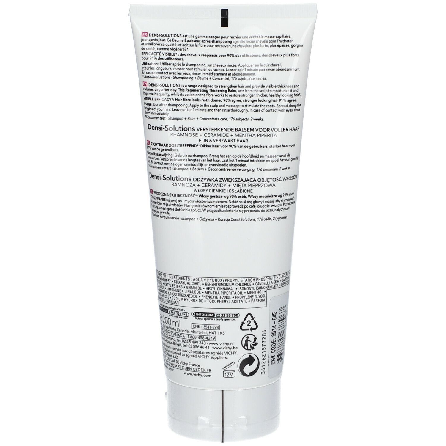 Dos d'un tube. Texte en plusieurs langues. Nom du produit: Densi-Solutions. Ingrédients et informations fabricant visibles.