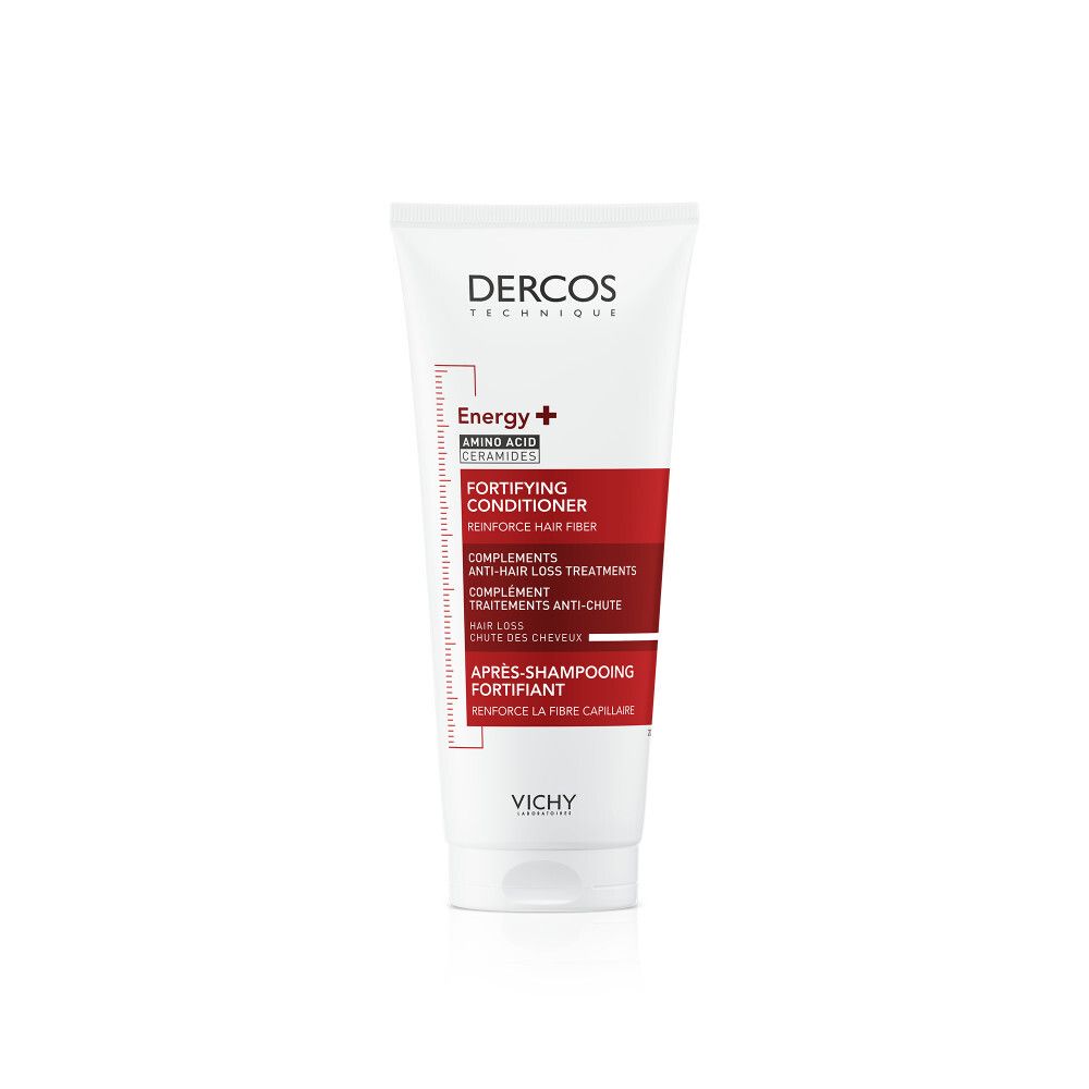 Tube blanc et bande rouge. Dercos, Energy+ Amino Acid. Fortifying Conditioner. Après-shampooing fortifiant.