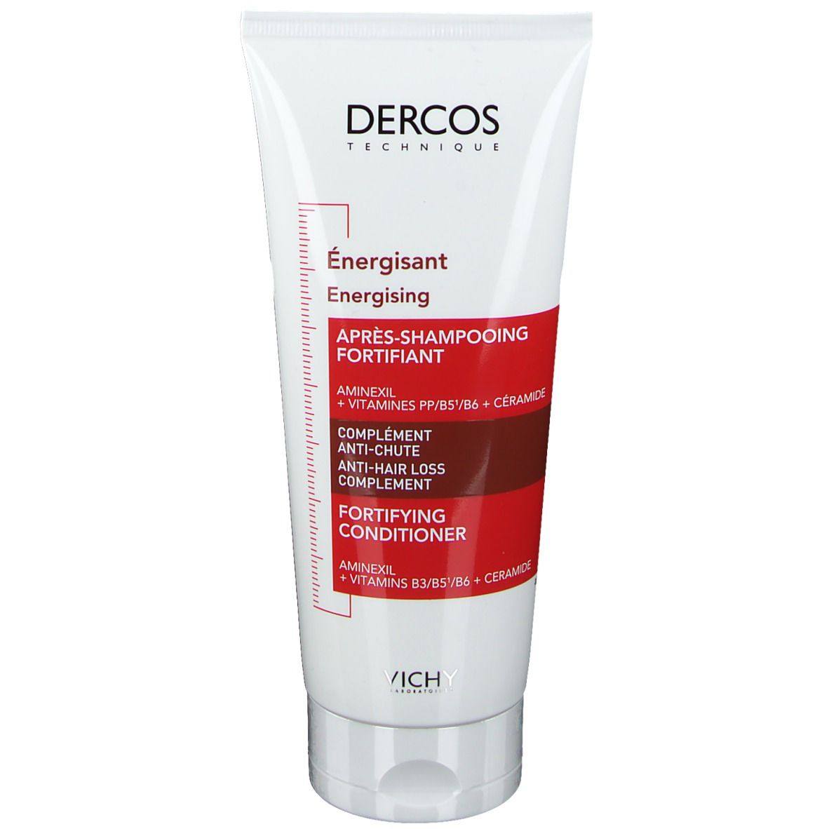 Tube blanc et bande rouge. Dercos, Energising Conditioner. Aminexil, Vitamines, Céramides. Inscription: Après-shampooing fortifiant.