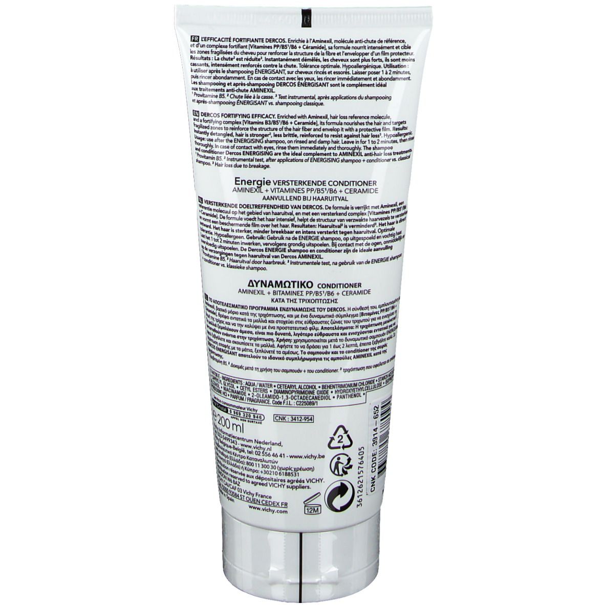 Dos d'un tube. Texte multilingue. Dercos, Energising Conditioner. 200 ml. Informations fabricant.