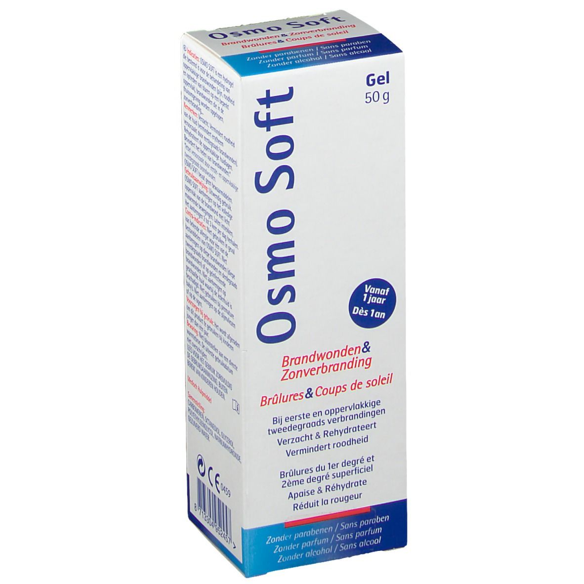 Boîte de gel Osmo Soft. Texte en allemand, néerlandais et français. Contient des informations sur les ingrédients et l'utilisation.