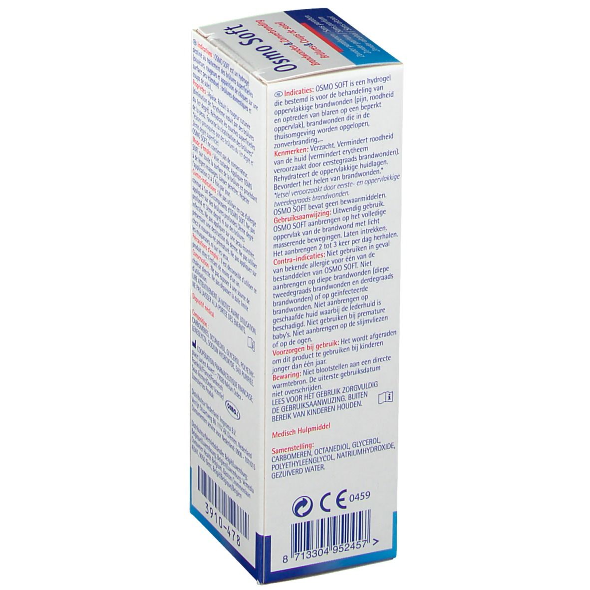 Boîte de gel Osmo Soft. Vue latérale avec texte en allemand et néerlandais. Contient des informations sur l'utilisation et les ingrédients.