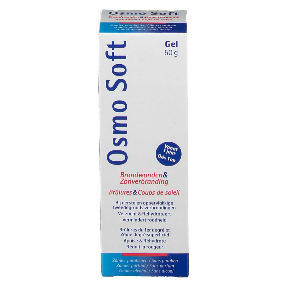 Boîte de gel Osmo Soft. Face avant avec nom du produit et zones d'application en allemand, néerlandais et français.
