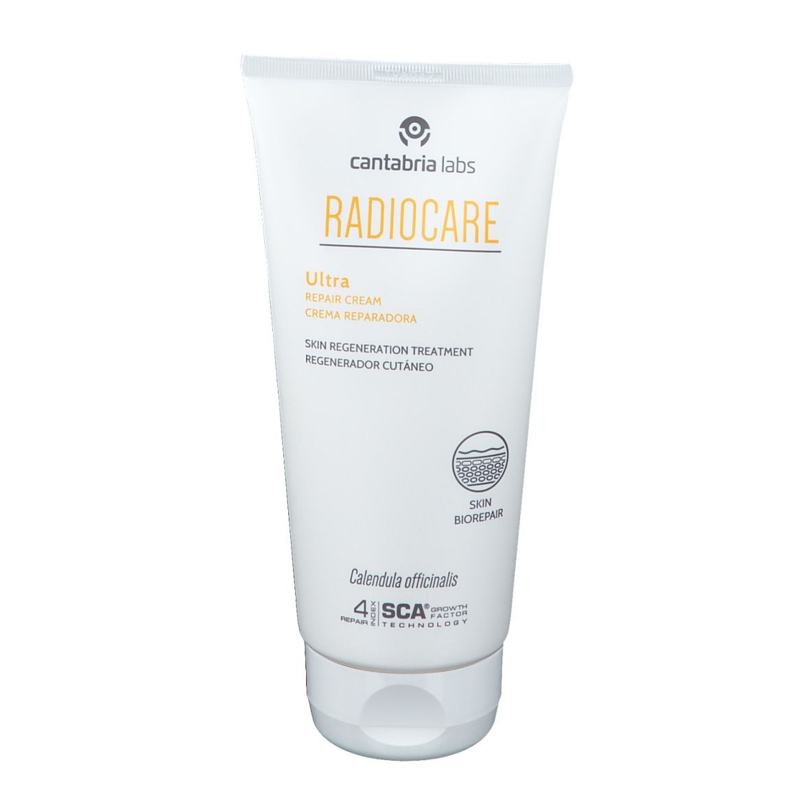 Witte tube met gele tekst. Opschrift: Radiocare Ultra Repair Cream. Logo Cantabria Labs. Skin Biorepair.