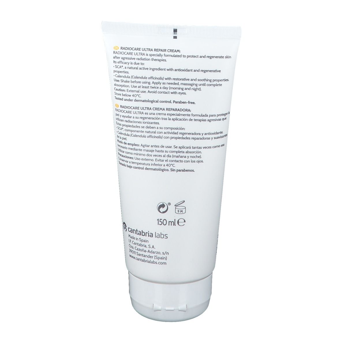 Achterkant van de witte tube. Meertalige tekst. Logo Cantabria Labs. Volume: 150 ml.