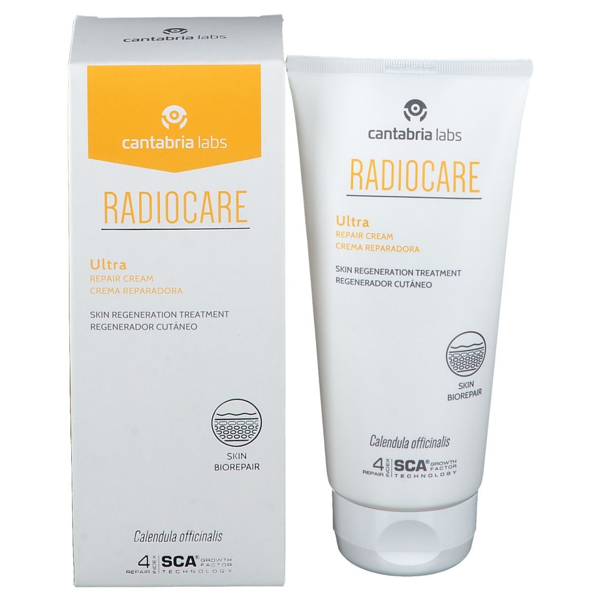 Productverpakking met tube. Witte tube en doos met gele tekst. Opschrift: Radiocare Ultra Repair Cream.