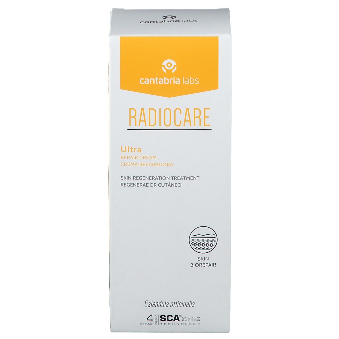 Witte doos met gele tekst. Opschrift: Radiocare Ultra Repair Cream. Logo Cantabria Labs. Skin Biorepair.