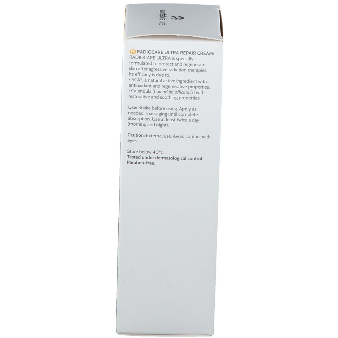 Zijkant van de doos. Meertalige tekst. Informatie over Radiocare Ultra Repair Cream.