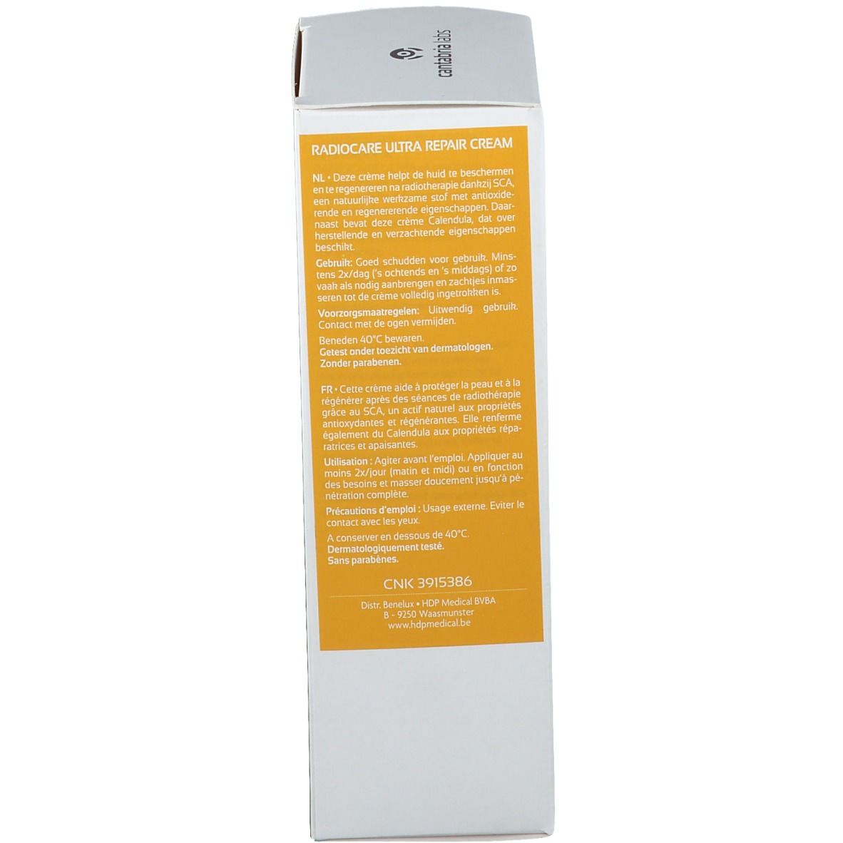 Zijkant van de doos. Meertalige tekst. Informatie over Radiocare Ultra Repair Cream.