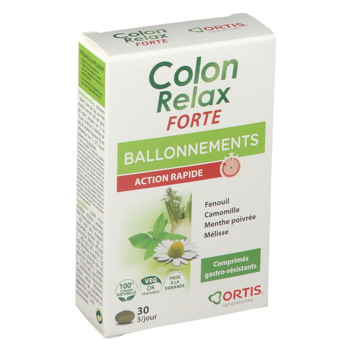 Doos "Colon Relax Forte". Opschrift "OPGEBLAZEN GEVOEL", "SNELLE WERKING". Plantenillustratie. 30 tabletten.