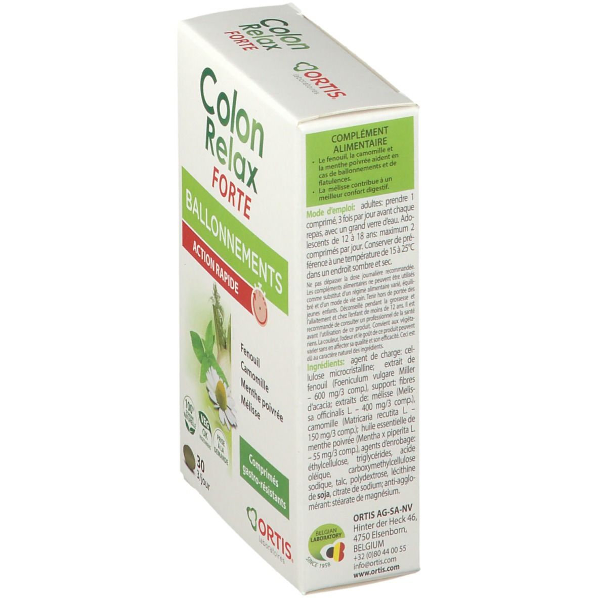 Doos "Colon Relax Forte" met tekst en informatie. Achterkant met ingrediënten en gebruiksaanwijzing.