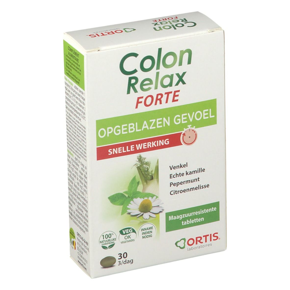 Doos "Colon Relax Forte". Opschrift "OPGEBLAZEN GEVOEL", "SNELLE WERKING". Plantenillustratie. 30 tabletten.