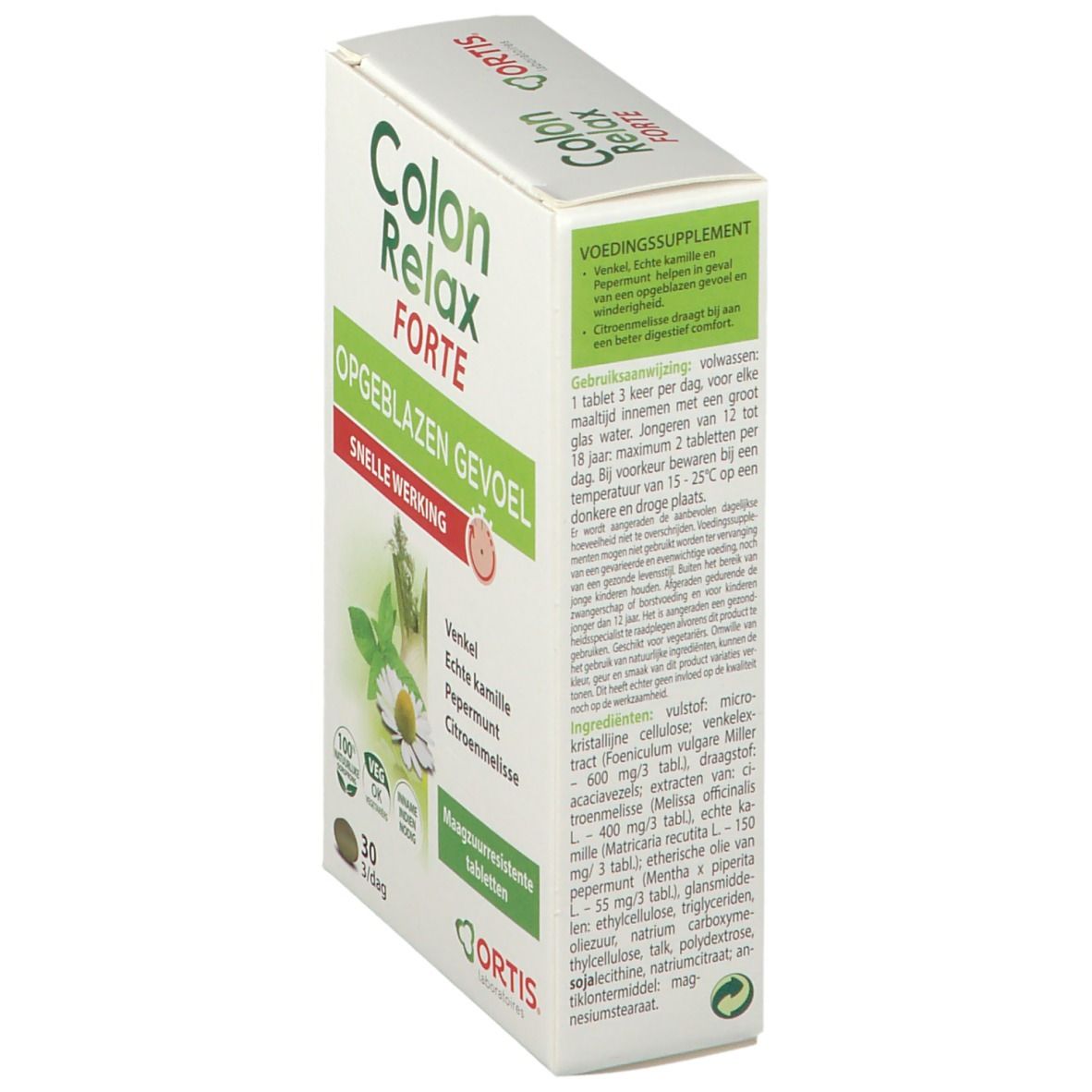 Doos "Colon Relax Forte" met tekst en informatie. Achterkant met ingrediënten en gebruiksaanwijzing.