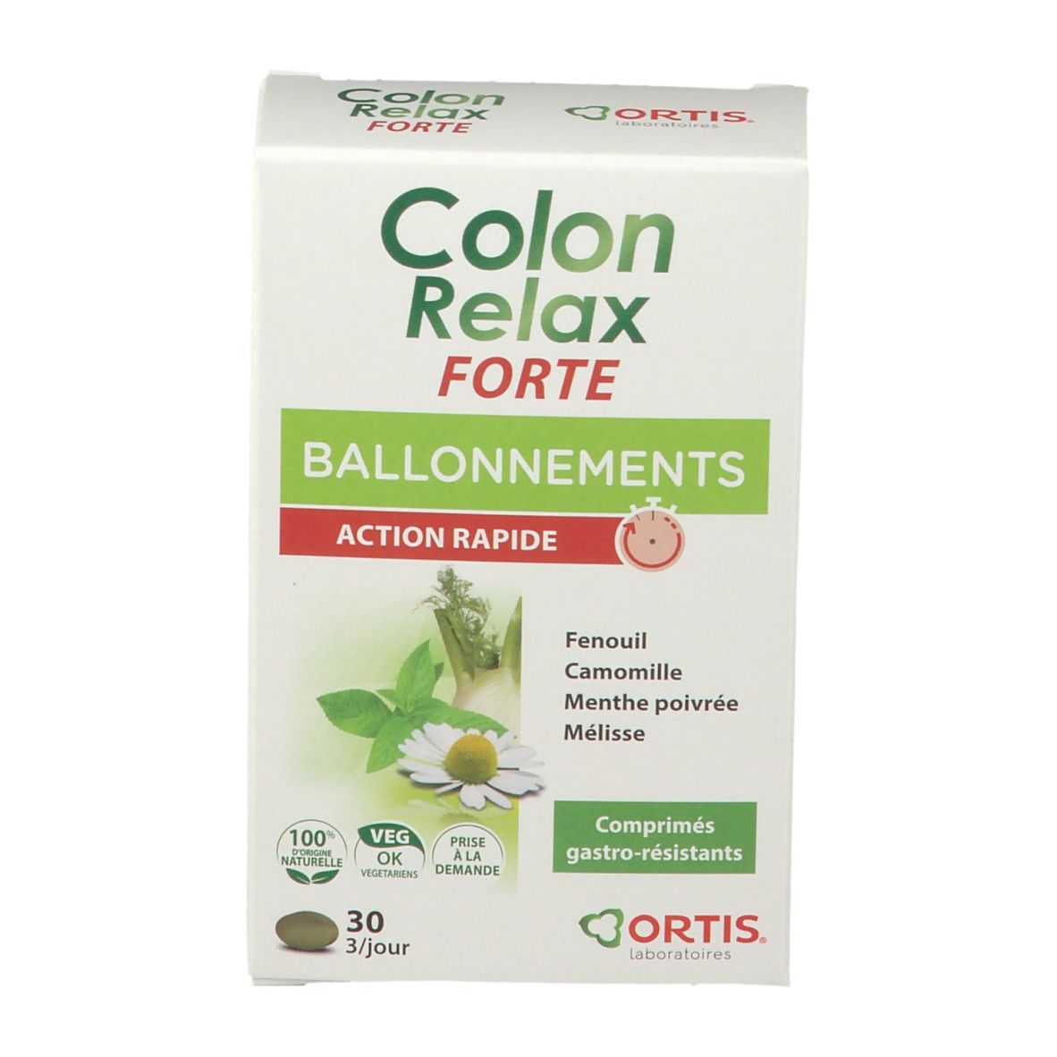 Doos "Colon Relax Forte". Opschrift "OPGEBLAZEN GEVOEL", "SNELLE WERKING". Plantenillustratie. 30 tabletten.