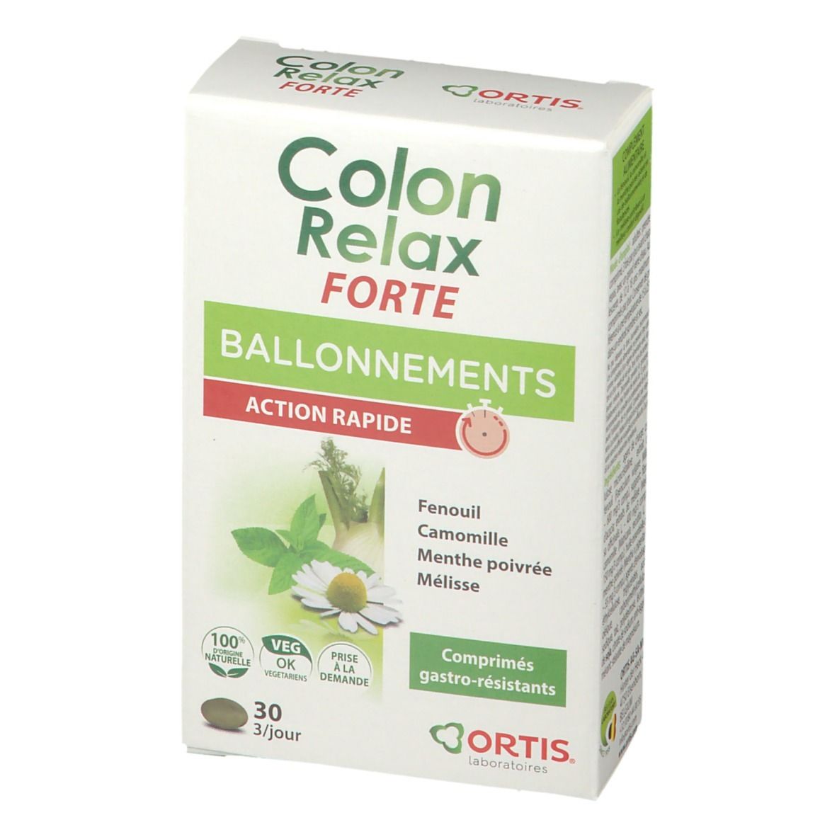 Doos "Colon Relax Forte". Opschrift "OPGEBLAZEN GEVOEL", "SNELLE WERKING". Plantenillustratie. 30 tabletten.