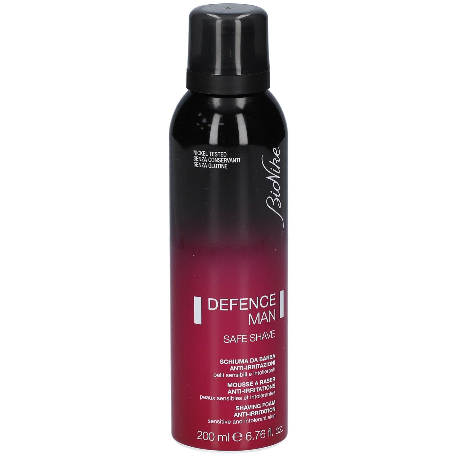 BioNike Defence Man scheerschuim. Zwarte en rode fles. Tekst: Defence Man Safe Shave, Anti-irritatie.