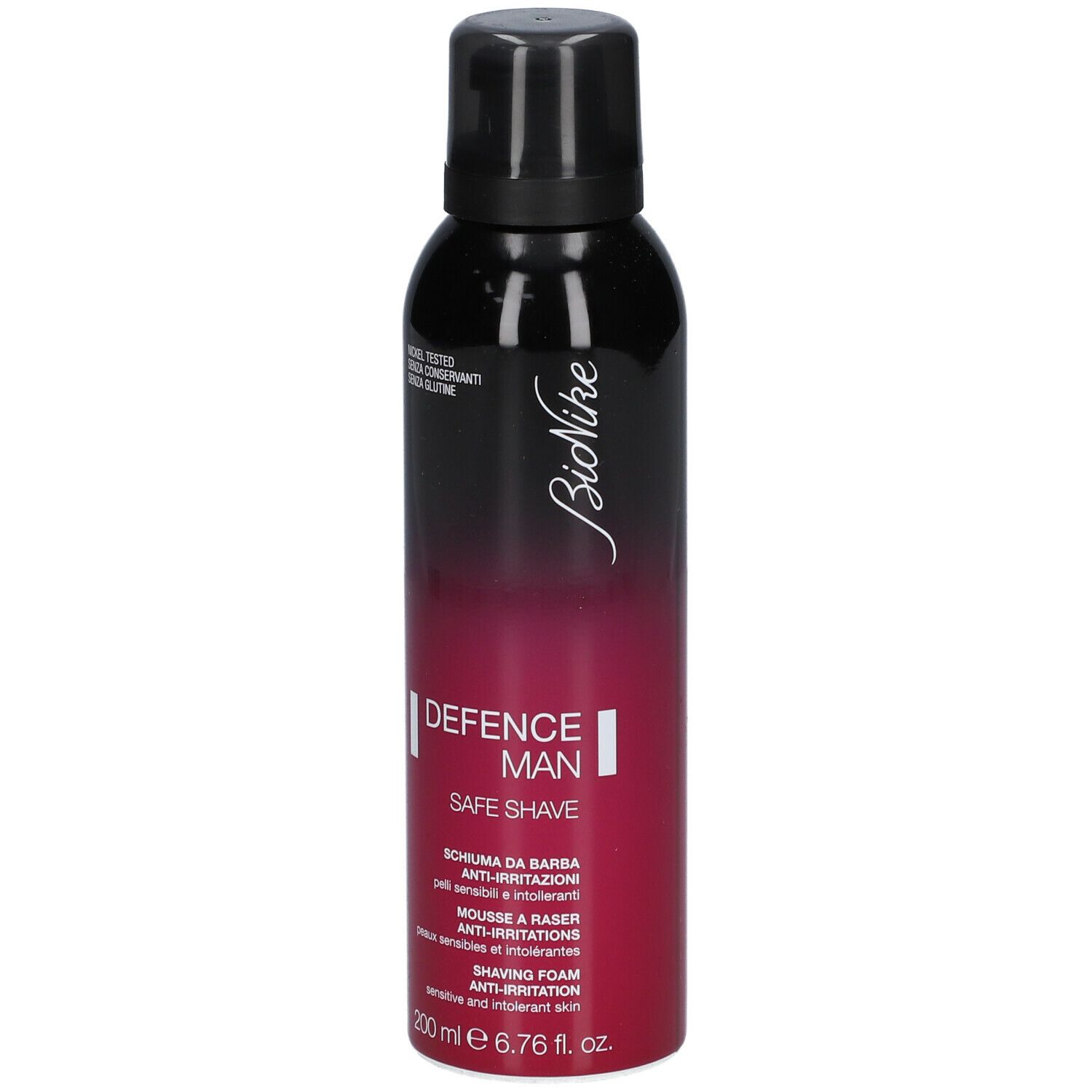 BioNike Defence Man scheerschuim. Zwarte en rode fles. Tekst: Defence Man Safe Shave, Anti-irritatie.