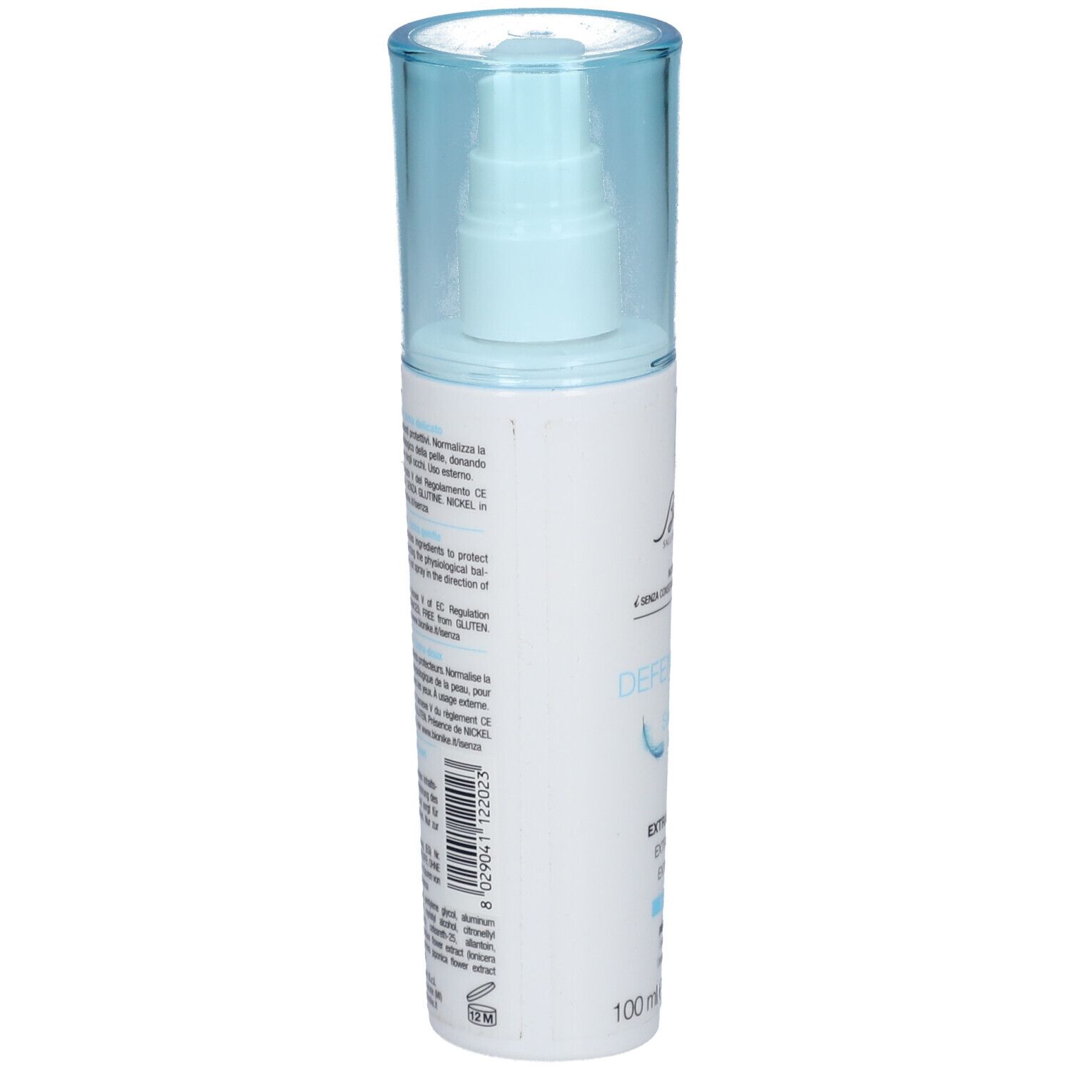Deodorant-Spray, seitliche Ansicht. Aufschrift: DEFENCE DEO Sensitive 48h. Text in mehreren Sprachen. 100 ml.