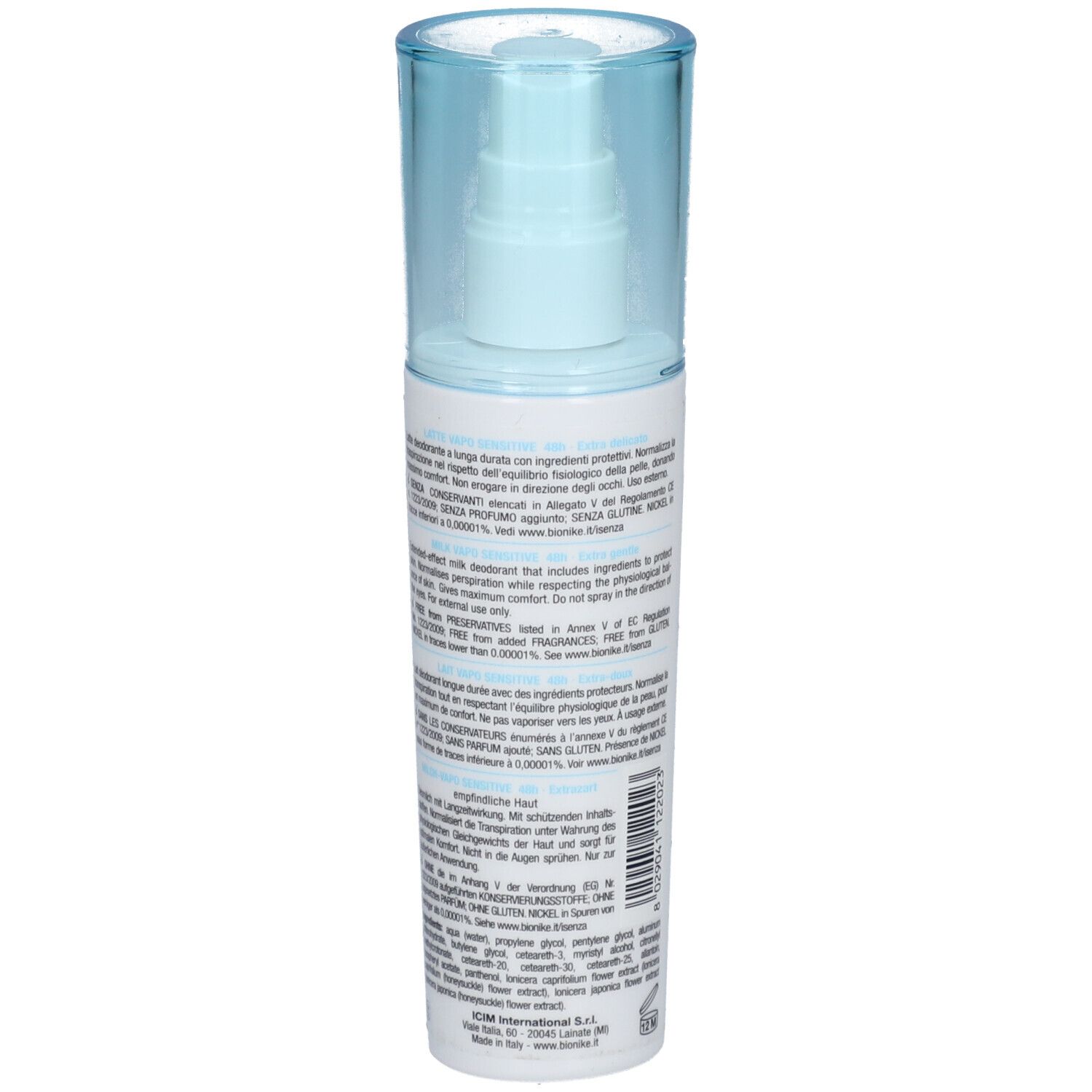 Rückseite des Deodorant-Sprays. Text in mehreren Sprachen. Informationen zu Inhaltsstoffen und Hersteller.