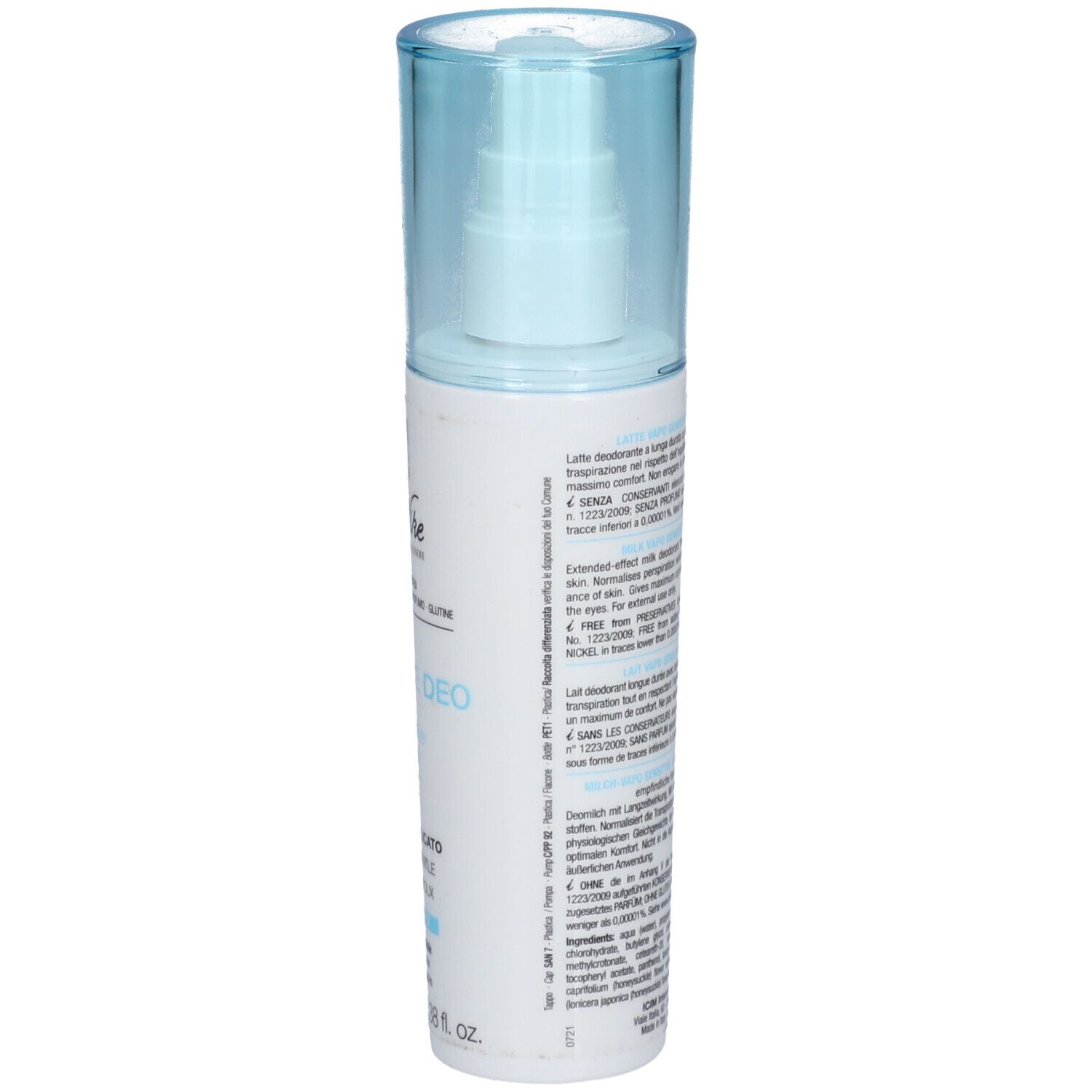 Rückseite des Deodorant-Sprays. Text in mehreren Sprachen. Informationen zu Inhaltsstoffen und Hersteller.