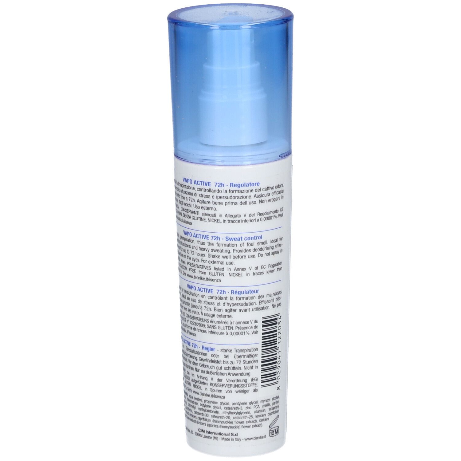 Weiße Sprühflasche mit blauer Kappe. Rückseite mit Text. Aufschrift: DEFENCE DEO, Active 72h, REGOLATORE, SWEAT CONTROL.