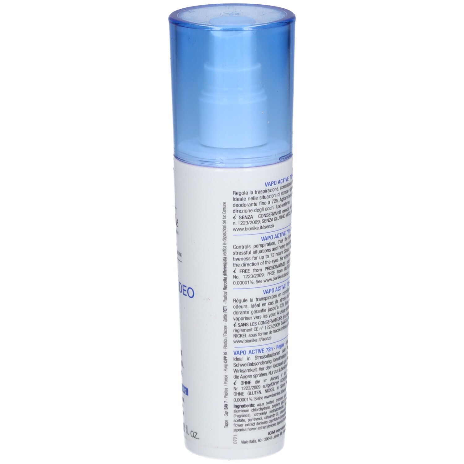 Weiße Sprühflasche mit blauer Kappe. Rückseite mit Text. Aufschrift: DEFENCE DEO, Active 72h, REGOLATORE, SWEAT CONTROL.