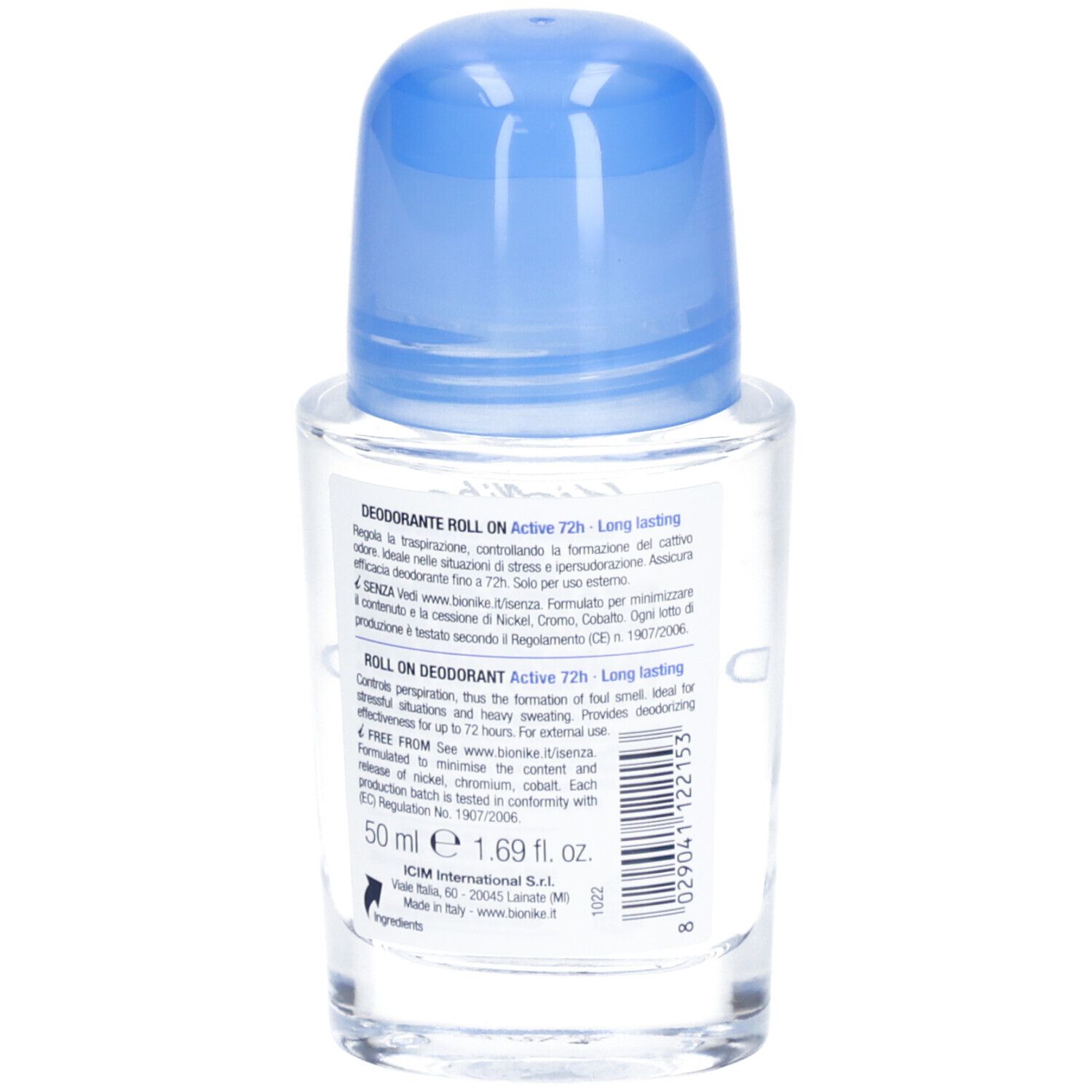 Dos du roll-on déodorant. Texte: Deodorante Roll On Active 72h. 50 ml. Ingrédients. Marque BioNike. Testé au nickel, sans gluten.