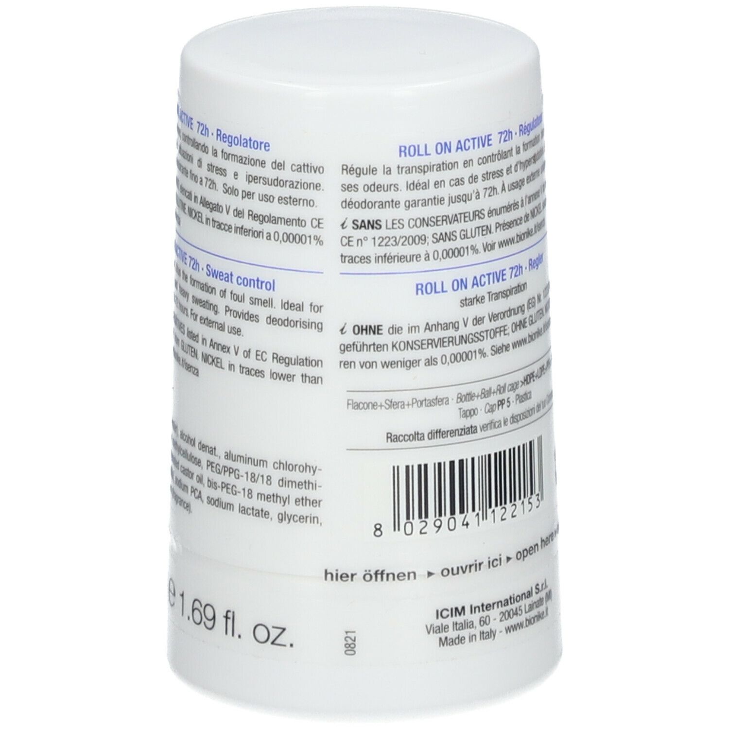Roll-on déodorant cylindrique, blanc. Texte: Roll On Active 72h. 1.69 fl. oz. Marque BioNike. Sans conservateurs. Code-barres.