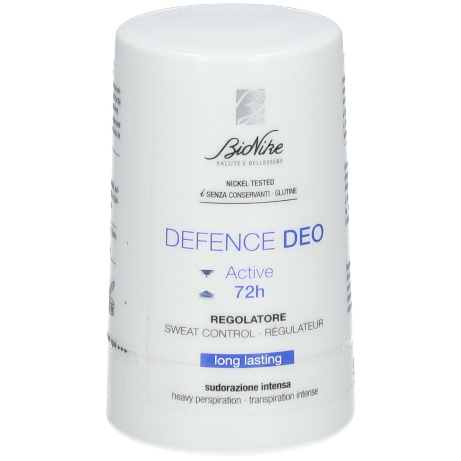 Roll-on déodorant blanc. Marque BioNike. Texte: Defence Deo Active 72h. Sweat Control. Testé au nickel, sans conservateurs.