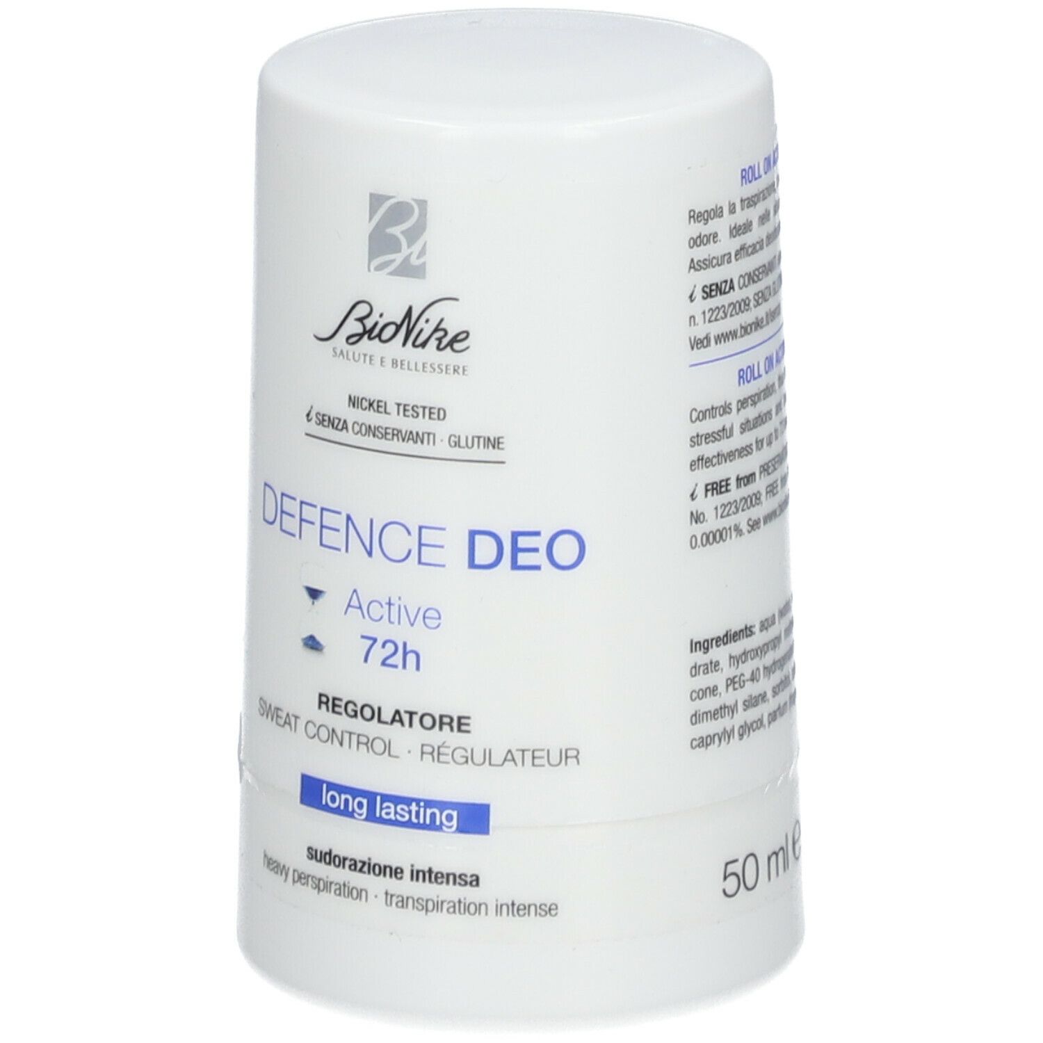 Roll-on déodorant blanc. Marque BioNike. Texte: Defence Deo Active 72h. Sweat Control. 50 ml. Testé au nickel, sans conservateurs.