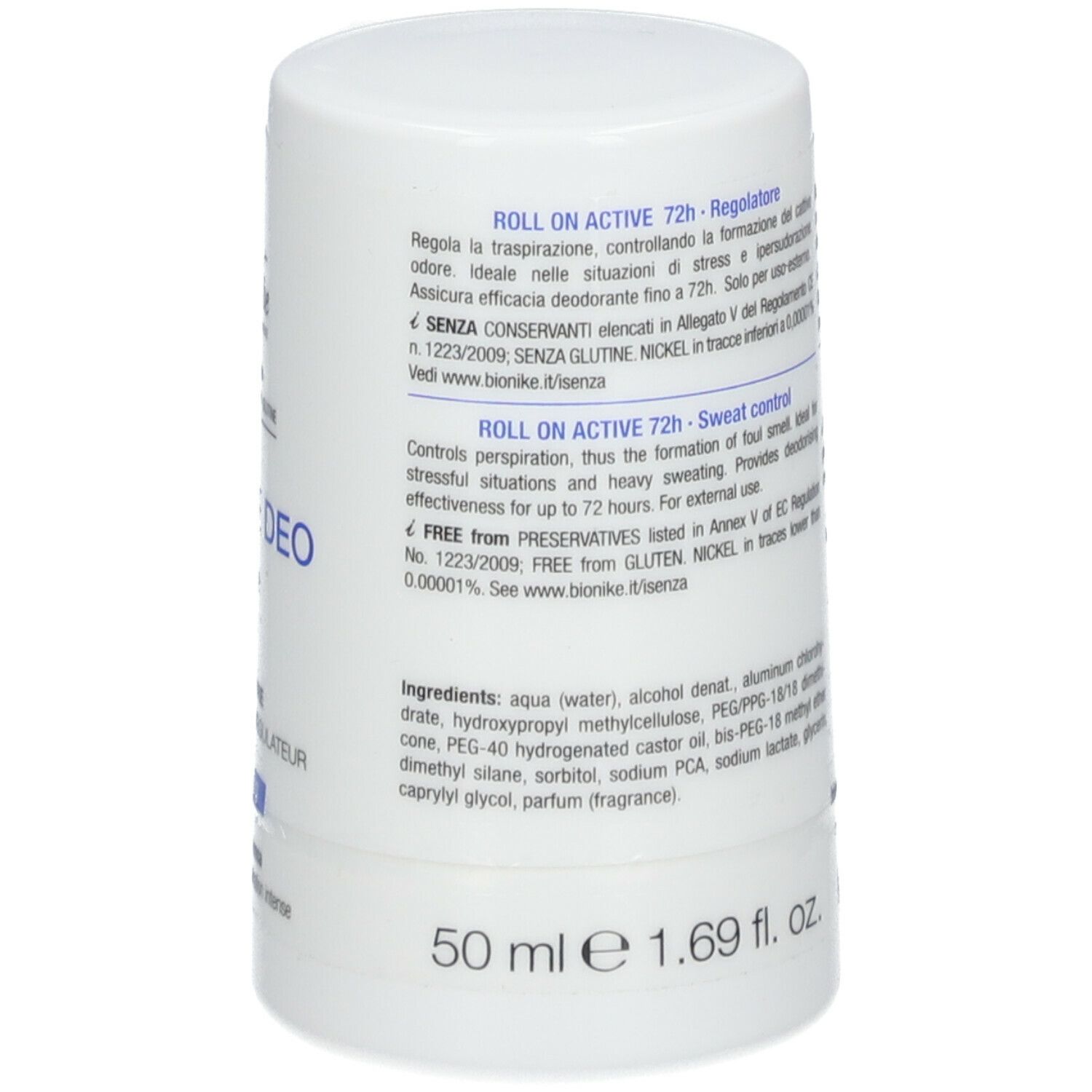 Dos du roll-on déodorant. Texte: Roll On Active 72h. 50 ml. Ingrédients. Marque BioNike. Testé au nickel, sans conservateurs.