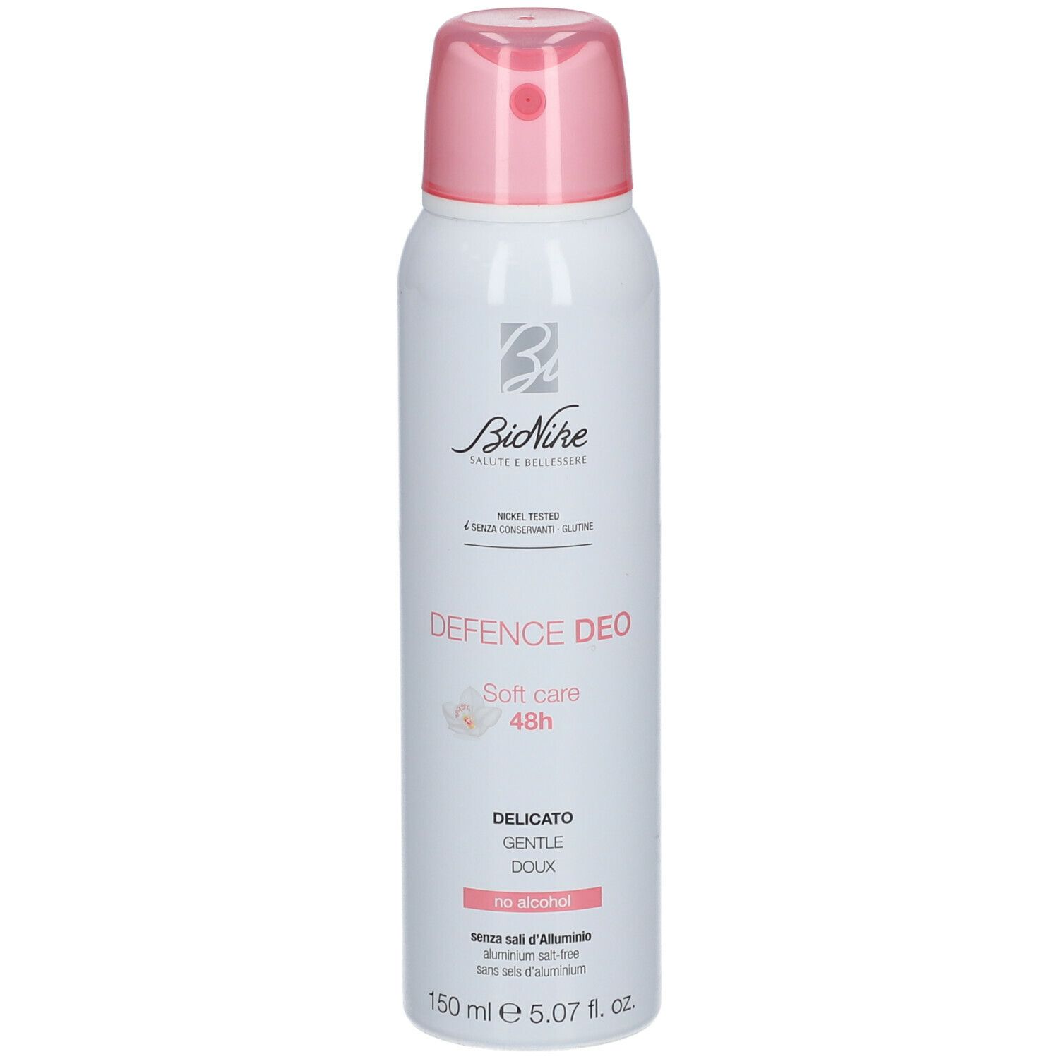 Wit spray met roze dop. Opschrift: Defence Deo, Soft Care 48h, Delicato, Doux. Merk BioNike.
