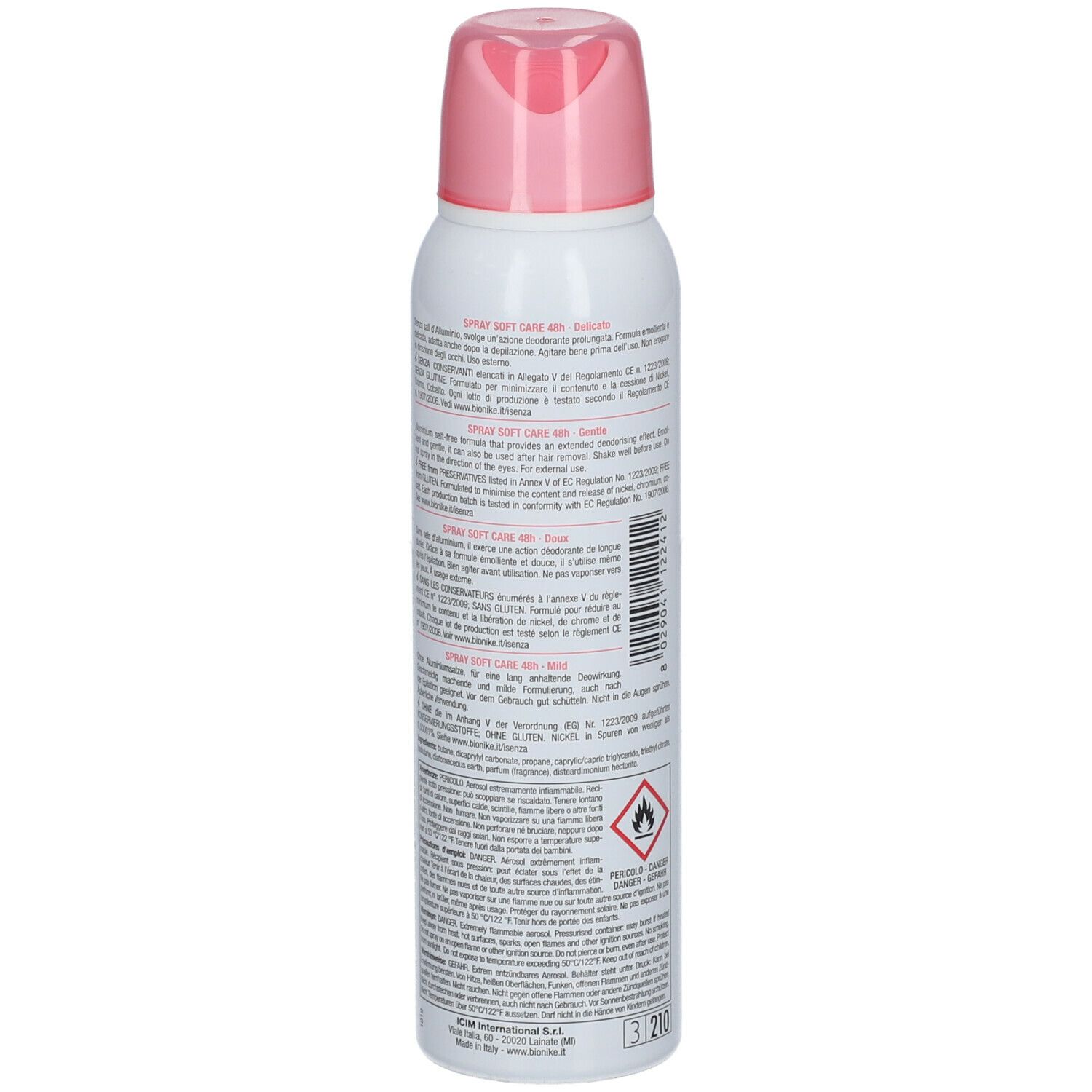 Wit spray met roze dop. Achterkant met tekst en pictogrammen. Merk BioNike.