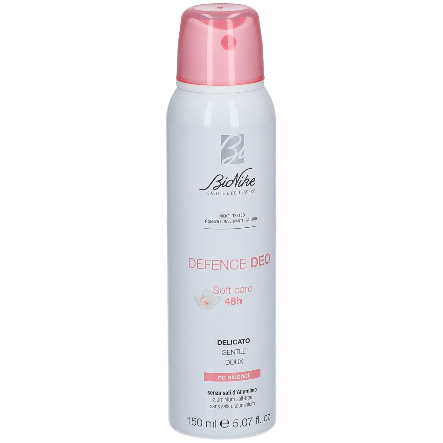 Wit spray met roze dop. Opschrift: Defence Deo, Soft Care 48h, Delicato, Doux. Merk BioNike.