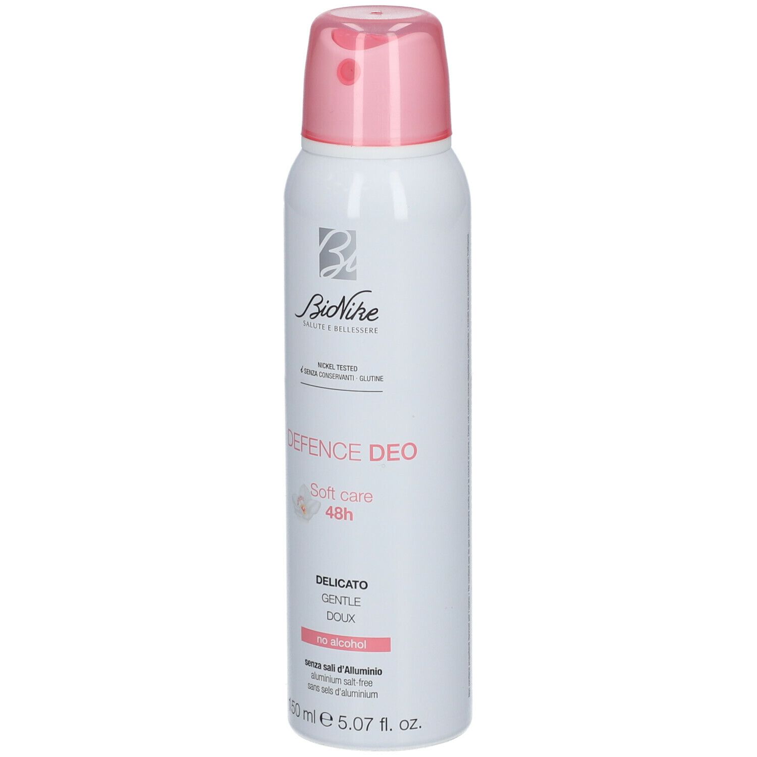 Wit spray met roze dop. Opschrift: Defence Deo, Soft Care 48h, Delicato, Doux. Merk BioNike.