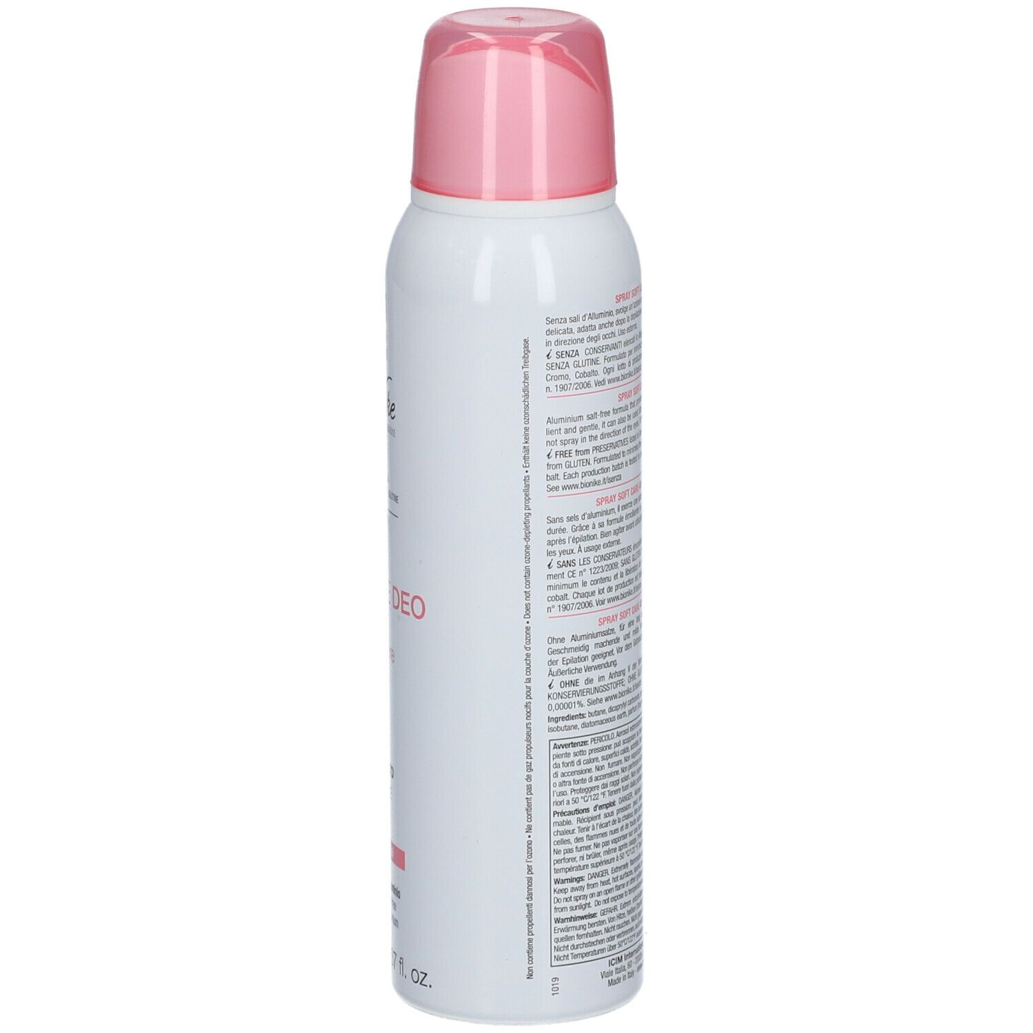 Wit spray met roze dop. Achterkant met tekst en pictogrammen. Merk BioNike.