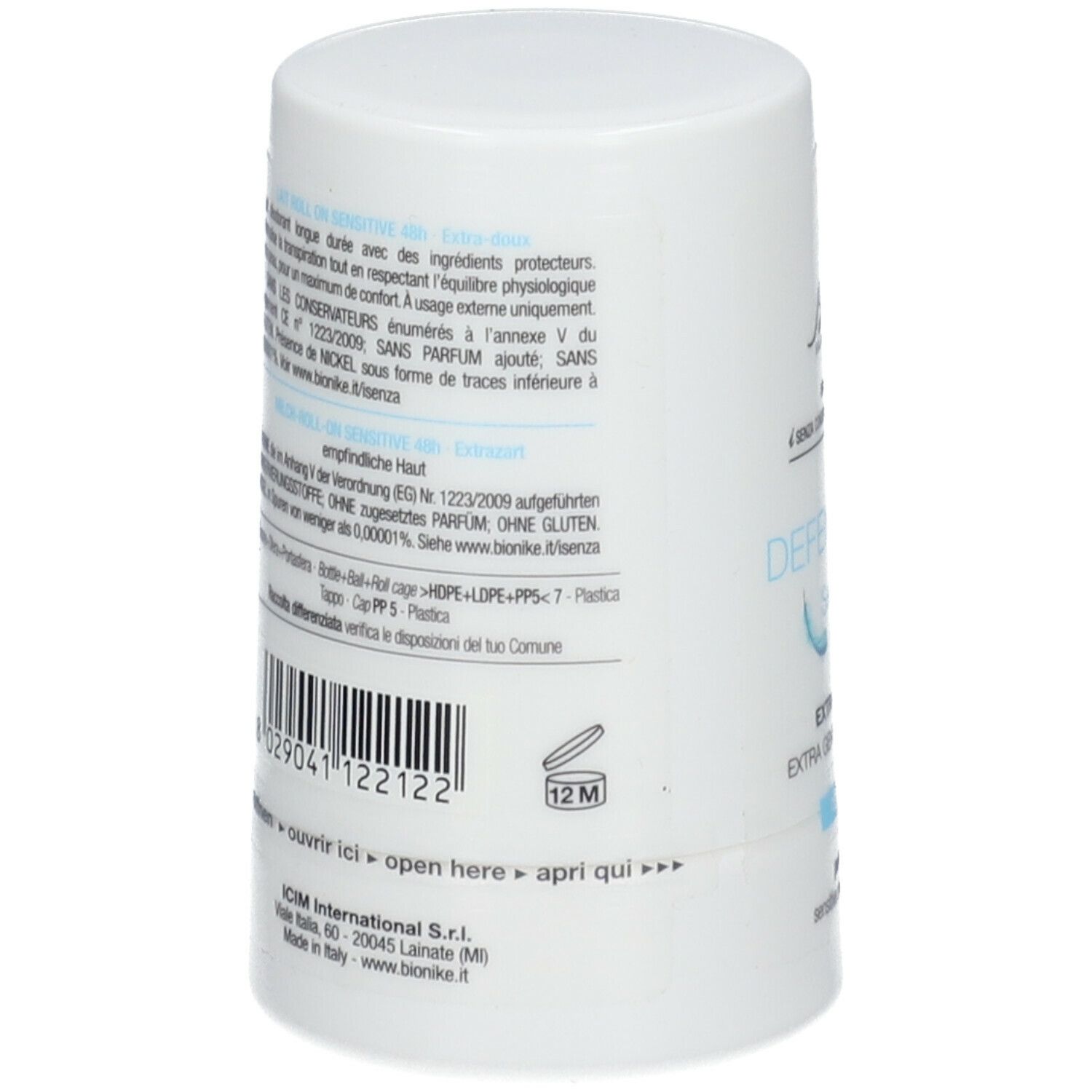 Achterkant van de witte roll-on. Meertalige tekst. Bevat informatie over ingrediënten en fabrikant.