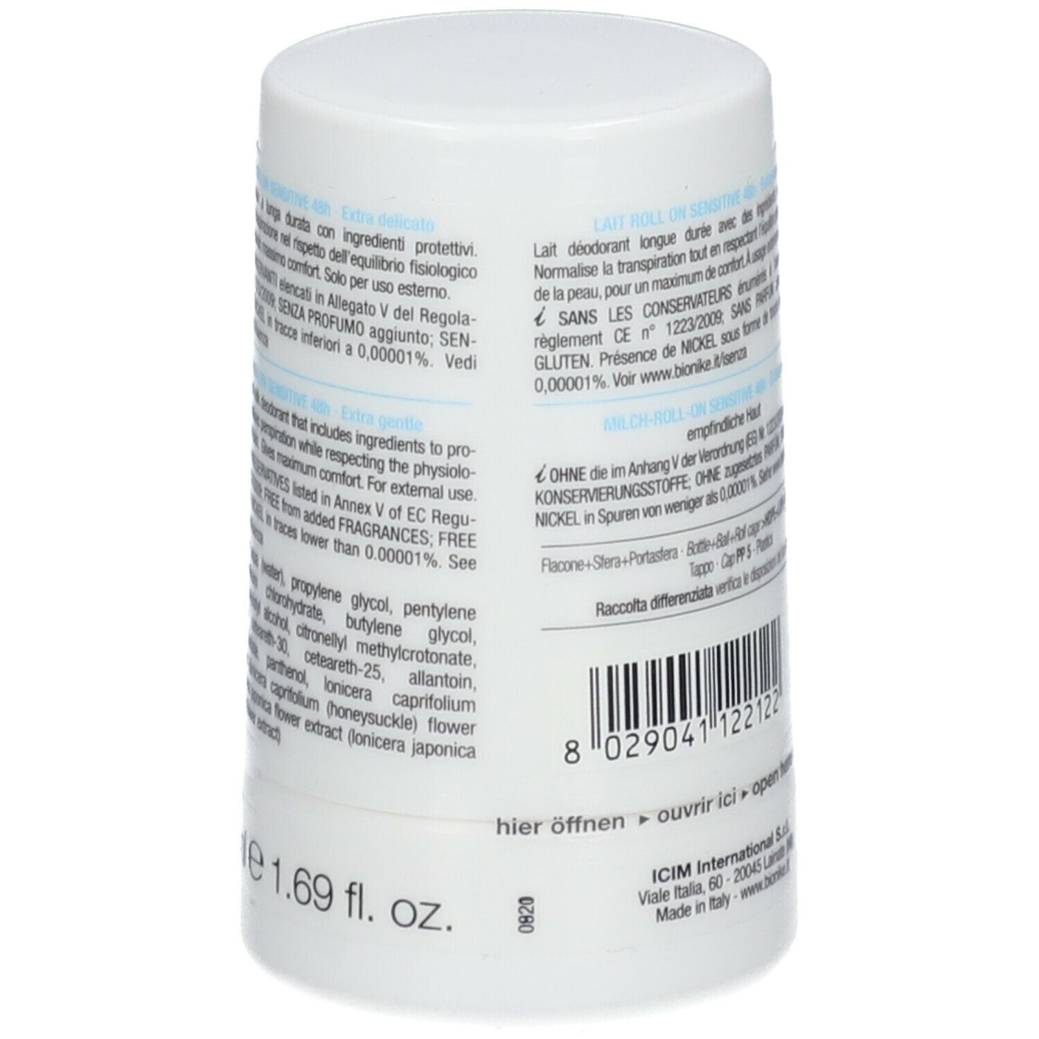 Achterkant van de witte roll-on. Meertalige tekst. Bevat informatie over ingrediënten en fabrikant.