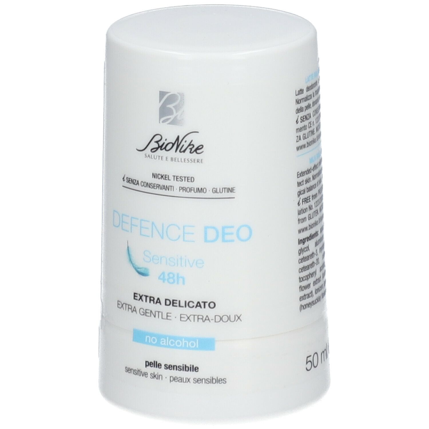 Witte roll-on deodorant van BioNike. Opschrift: Defence Deo Sensitive 48h, Extra Delicato, No Alcohol, gevoelige huid. 50 ml.