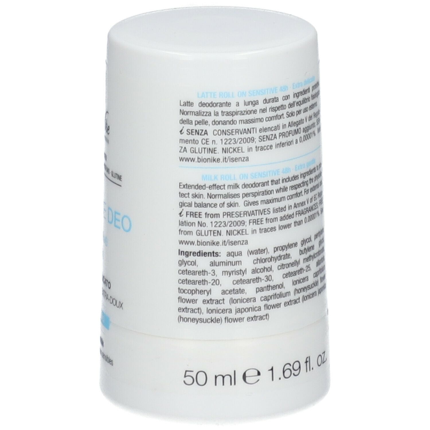 Achterkant van de witte roll-on. Meertalige tekst. Bevat informatie over ingrediënten en fabrikant. 50 ml.