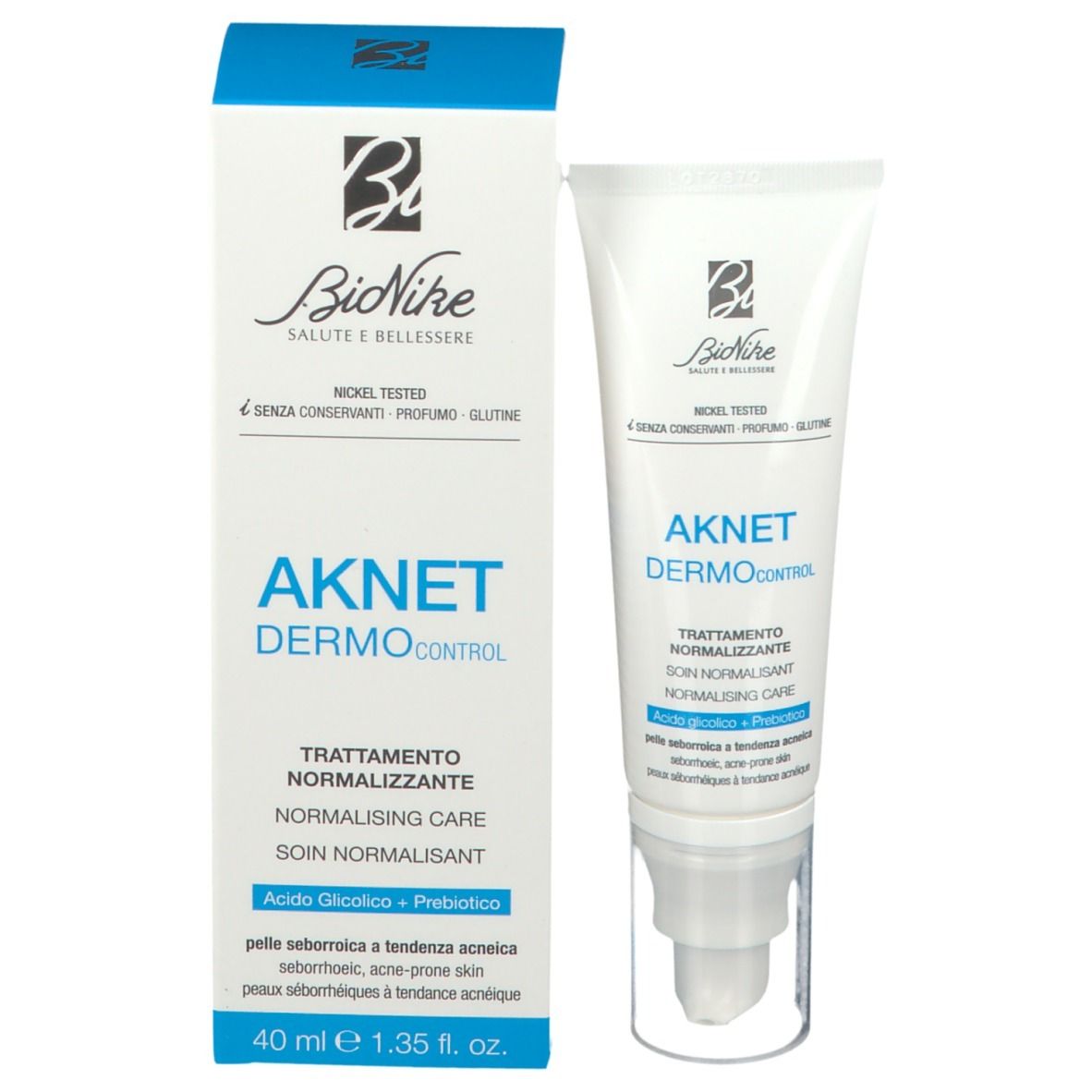 Produktverpackung mit Tube. Verpackung: Weiß und blau. Aufschrift: AKNET DERMOCONTROL. Marke: BioNike. Nickel getestet.